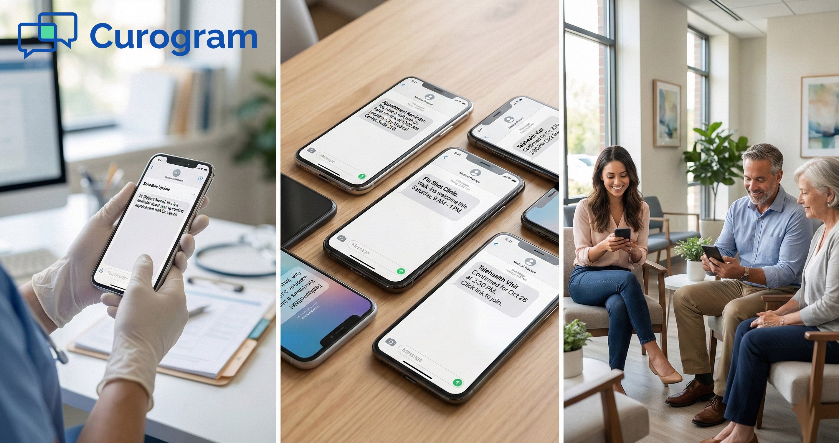 Triptych illustrating the patient text messaging journey from staff initiation to patient receipt