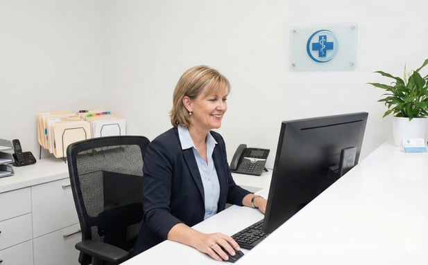 Smiling medical receptionist working at a computer in a calm, efficient front desk environment