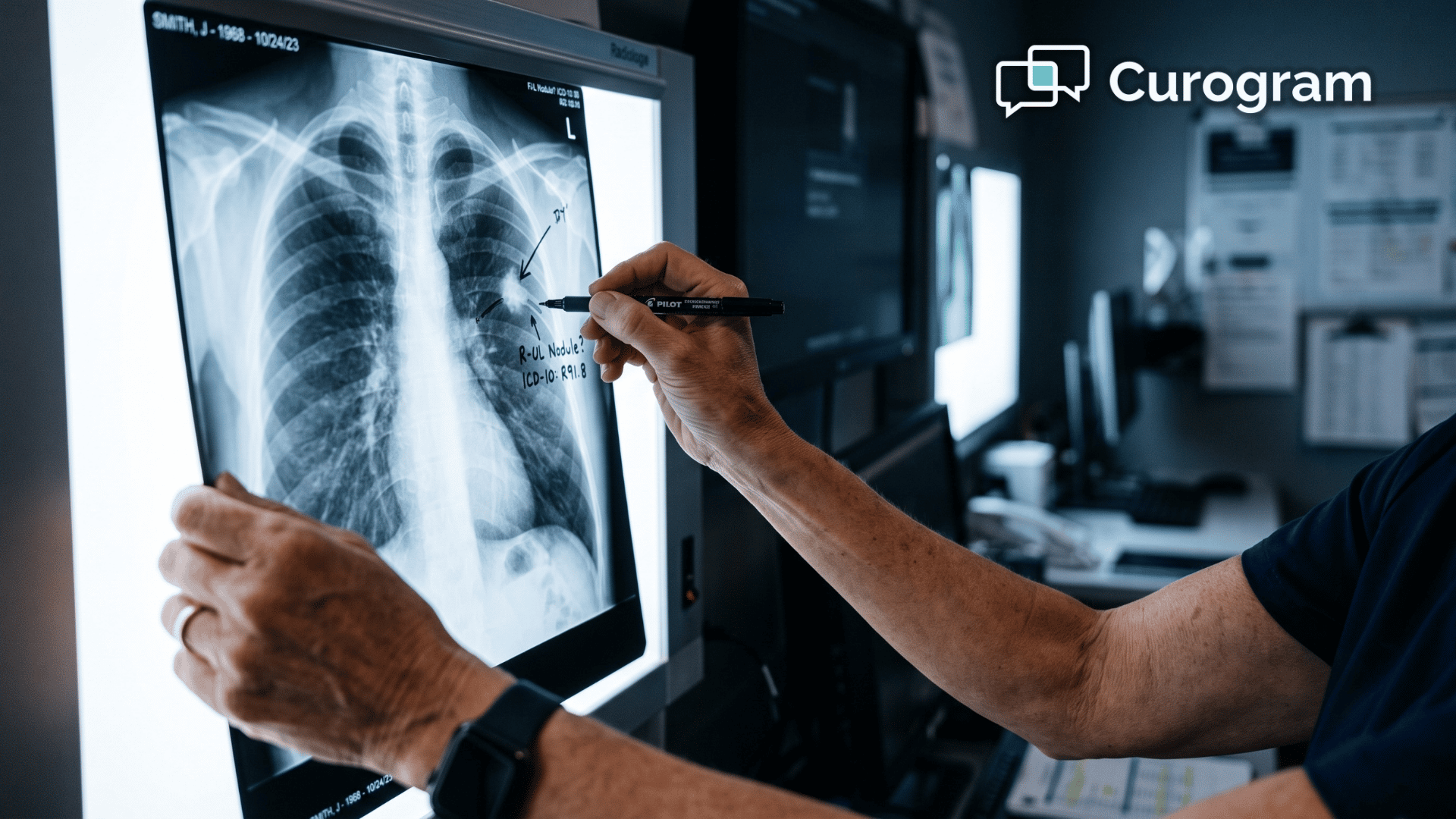 Radiologist reviewing a chest X-ray film against light while marking coding notes by hand