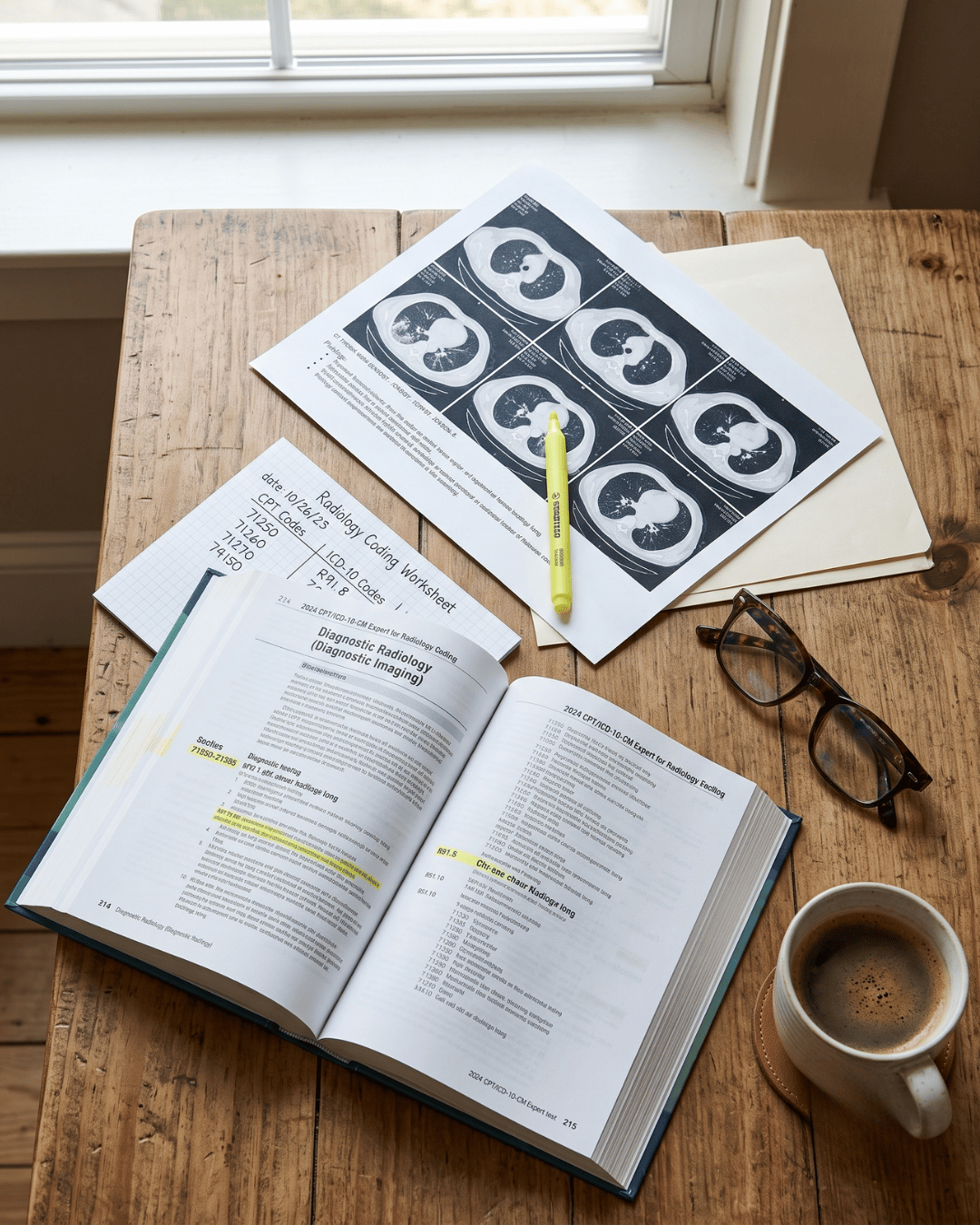 Radiology coding worksheet, CPT code book and CT scan printout laid out on a work surface
