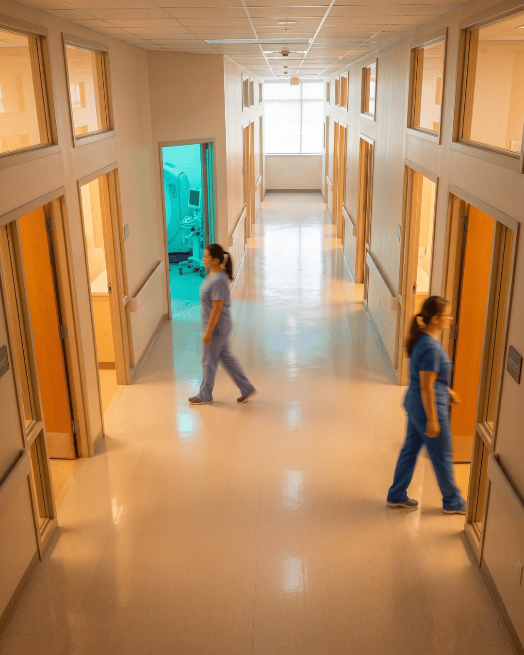 Technologists moving between scanner suites in a busy imaging center corridor