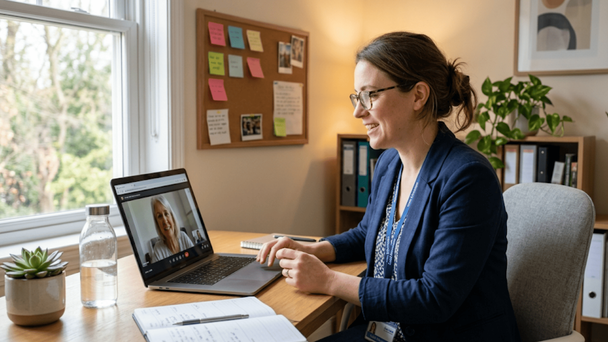 Case manager on a calm video call with a client in a well-lit office during a balanced workday
