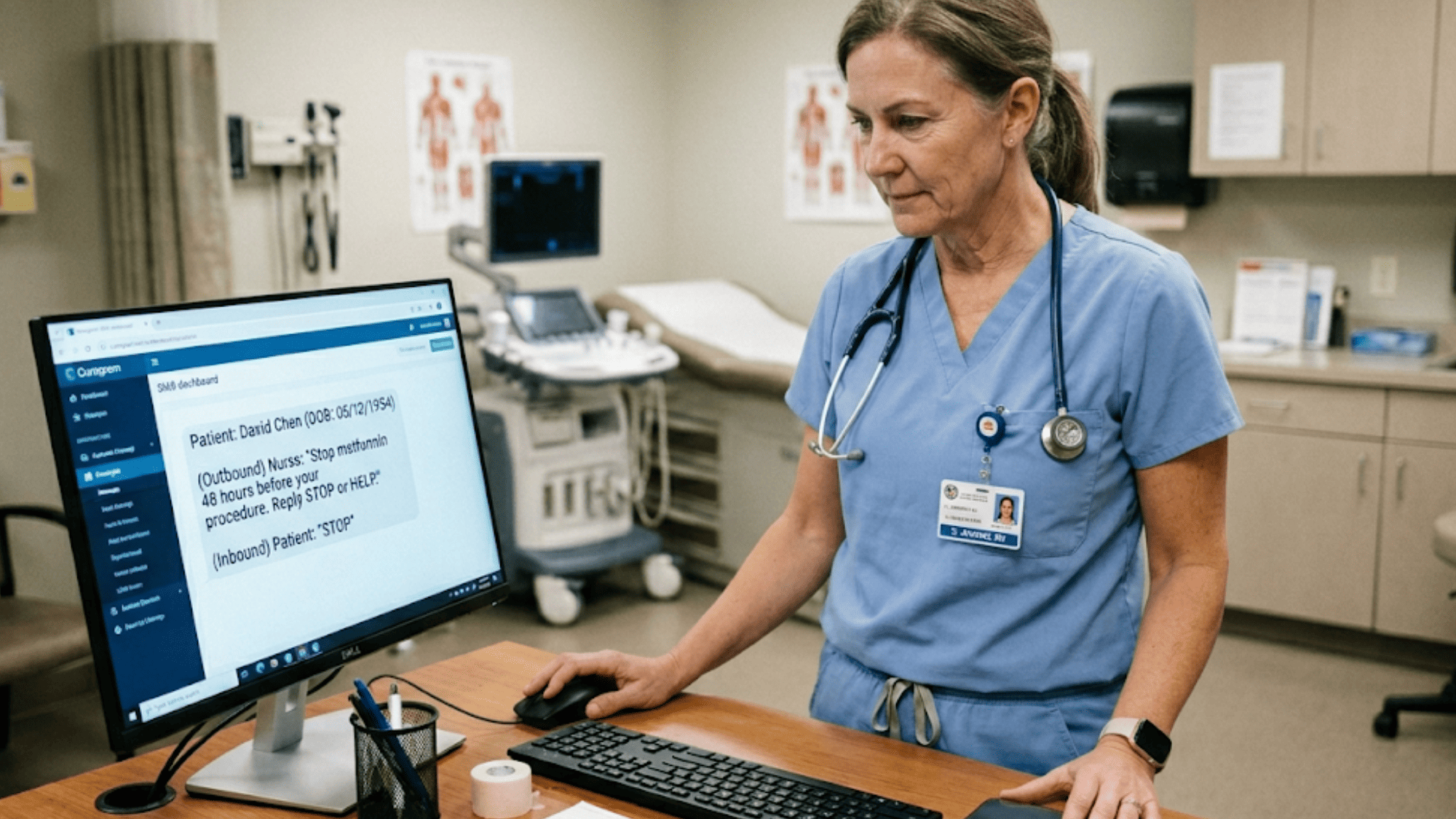 Vascular lab nurse using a HIPAA-compliant Curogram SMS dashboard at her workstation