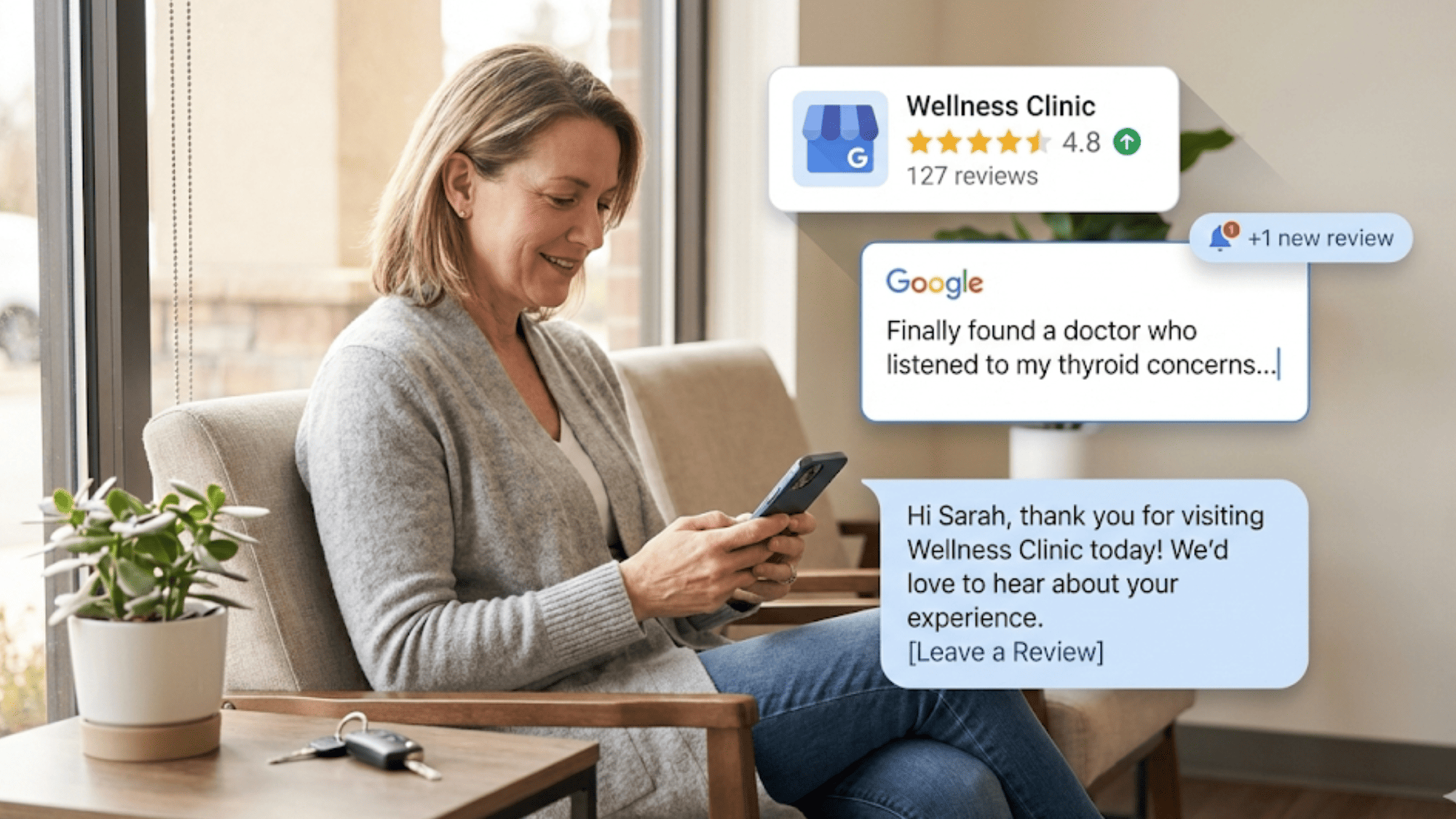 Patient viewing review request text message on smartphone with floating Google review elements