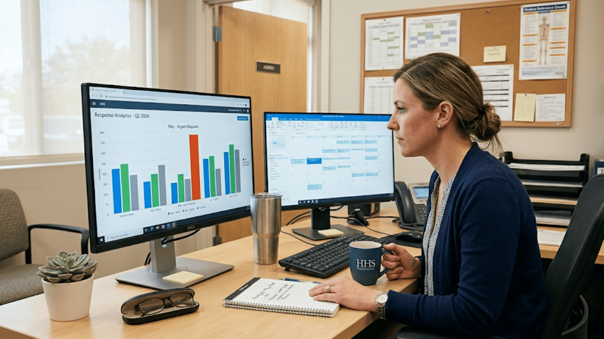 Practice administrator reviewing staff response time analytics dashboard on a desktop monitor