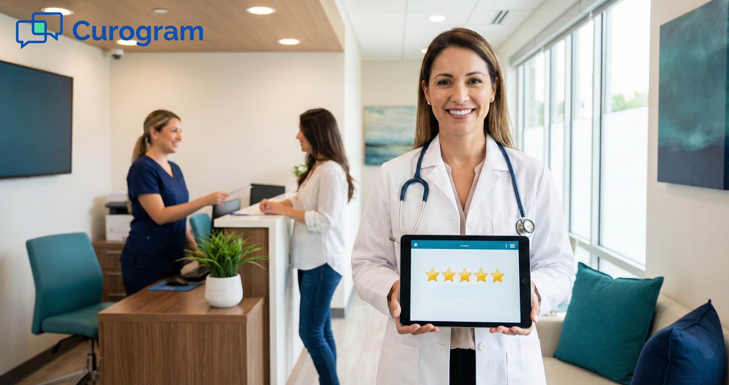 Female doctor in a modern clinic holding a tablet displaying a 5-star patient rating