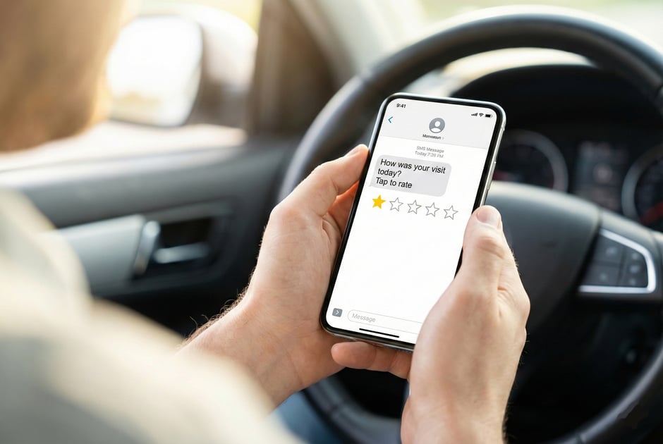 Patient in a car viewing an automated post-visit SMS review request on their smartphone