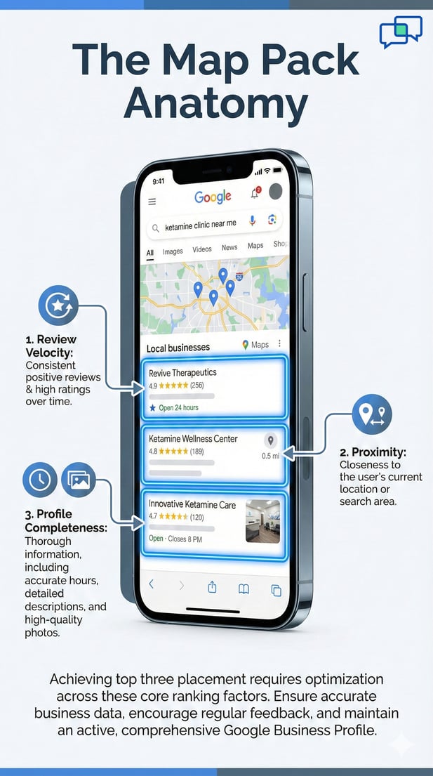 SEO infographic showing top 3 ranking factors for Google local map results
