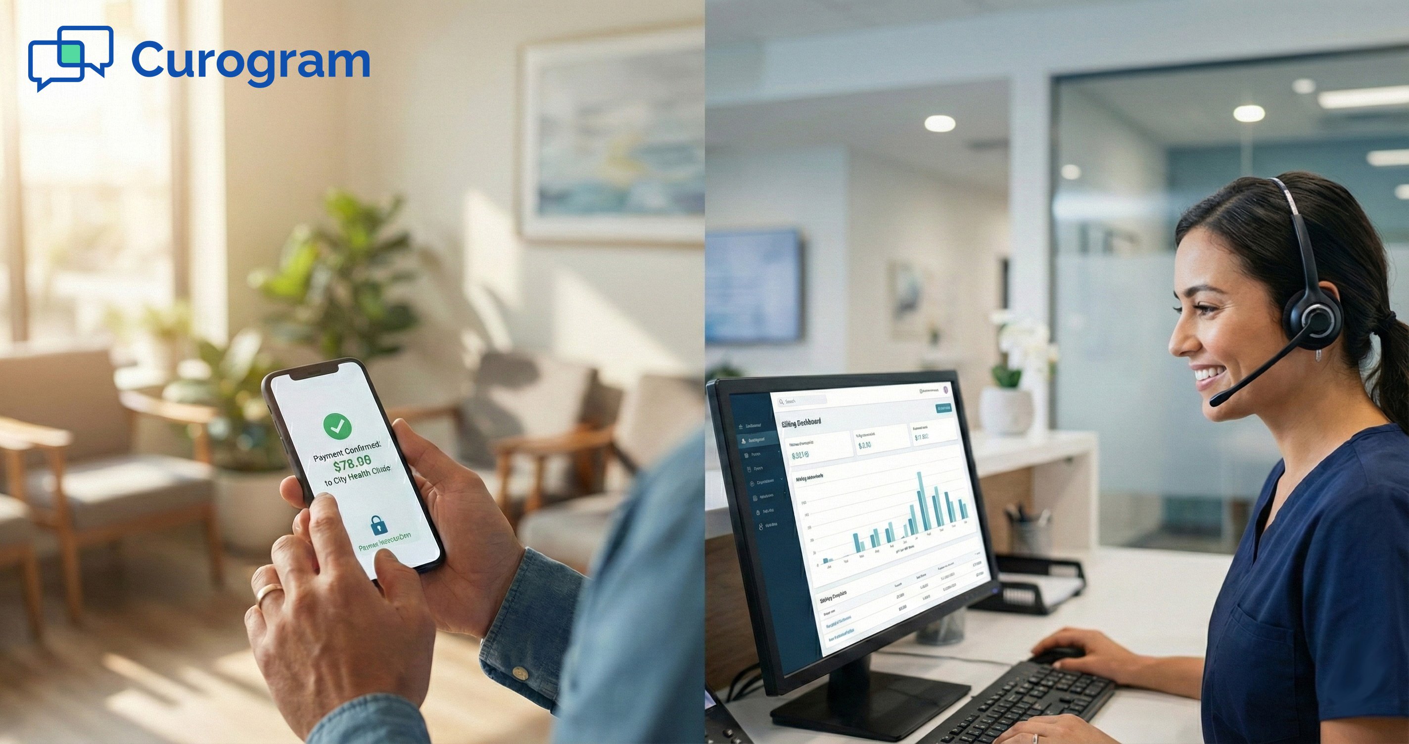 Patient uses secure mobile text-to-pay while medical staff manages billing in office