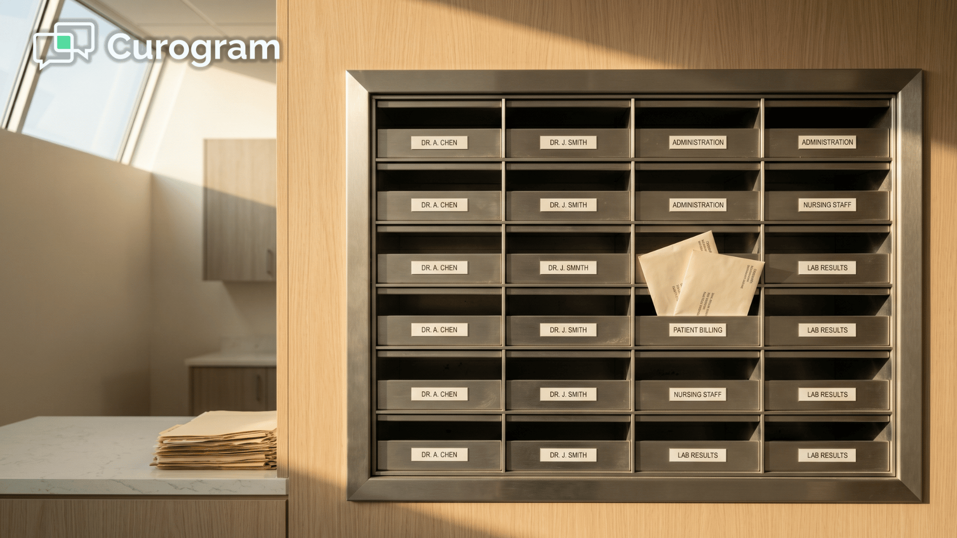 Nearly empty medical office mailbox unit showing reduced paper statement volume after text-to-pay.