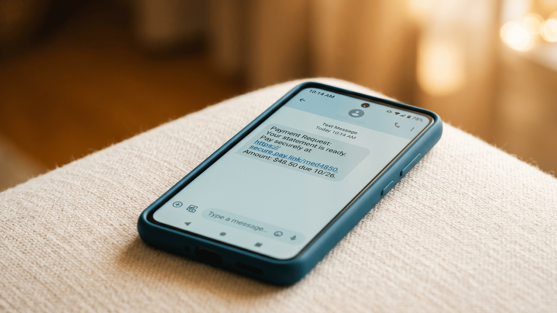 Smartphone displaying a secure SMS payment link, showing how patients pay balances through text-to-pay.