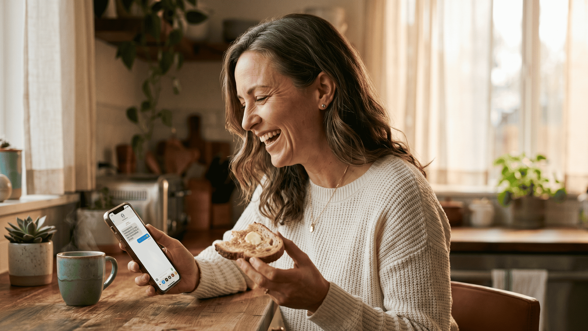 Woman reading a HIPAA-compliant appointment confirmation text from her healthcare provider at home.