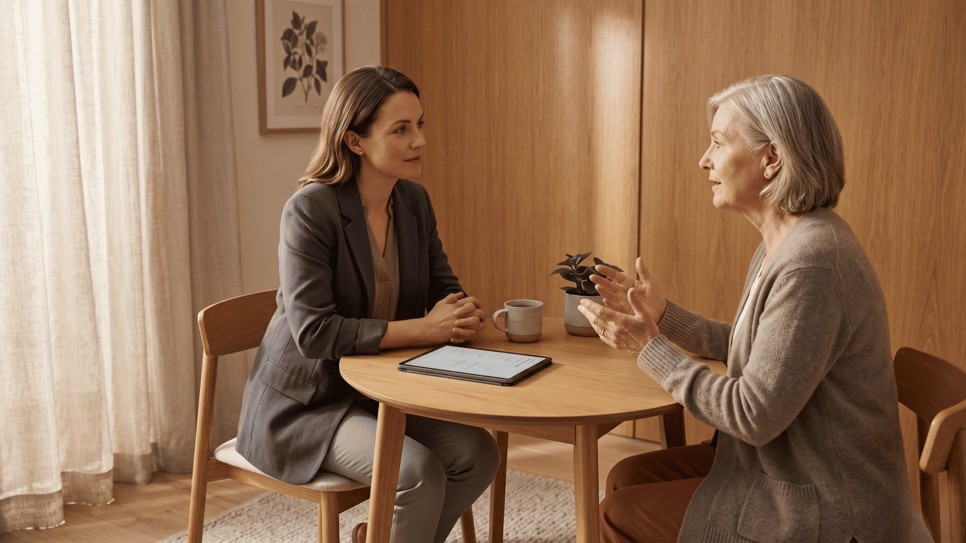 Doctor and patient in calm conversation at a consultation table after completing intake forms before the visit.