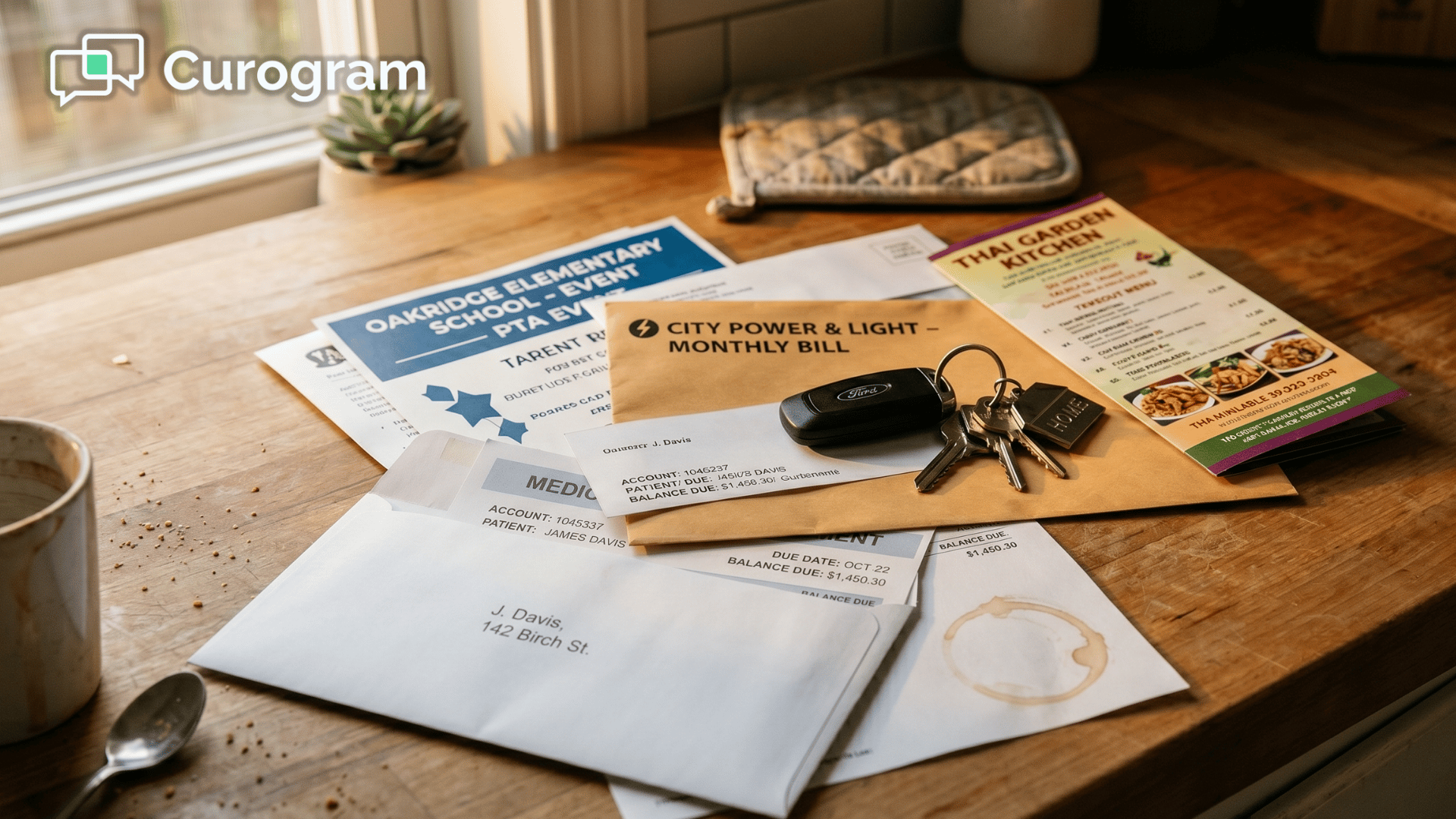 Unopened medical bill buried under household mail on a kitchen counter showing billing friction