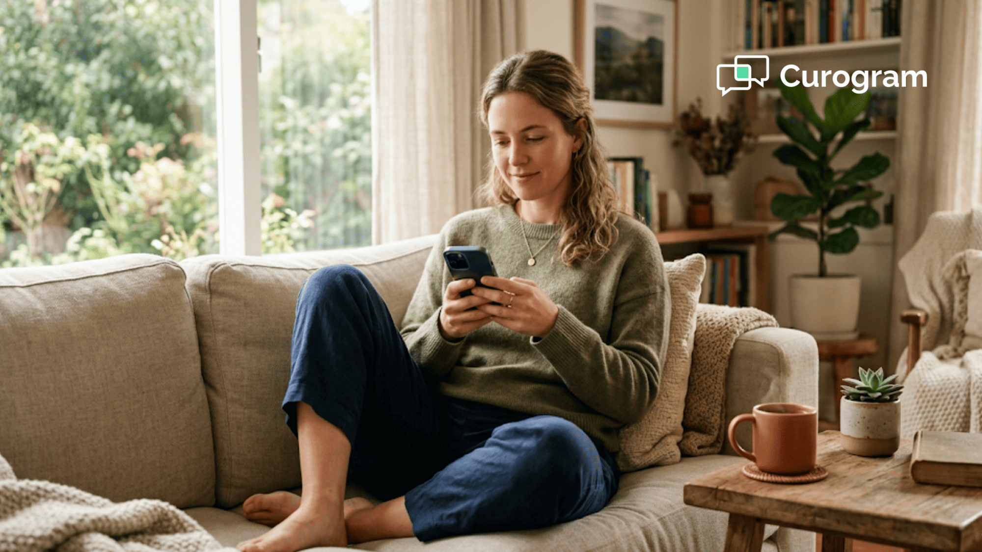 Person on a couch filling out digital intake forms on a smartphone