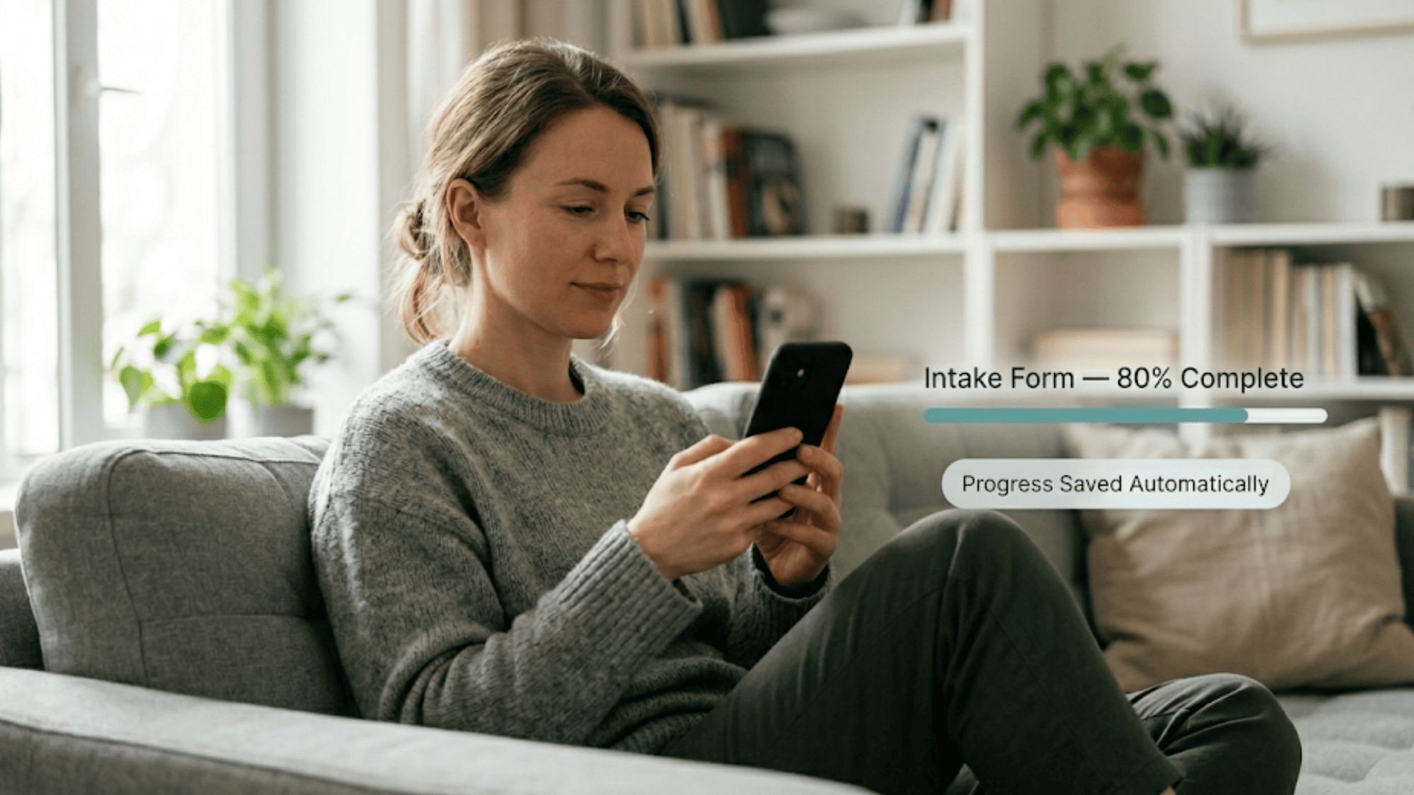 Client completing SmartCare EHR mobile intake at home with an 80% complete, auto-saved progress label