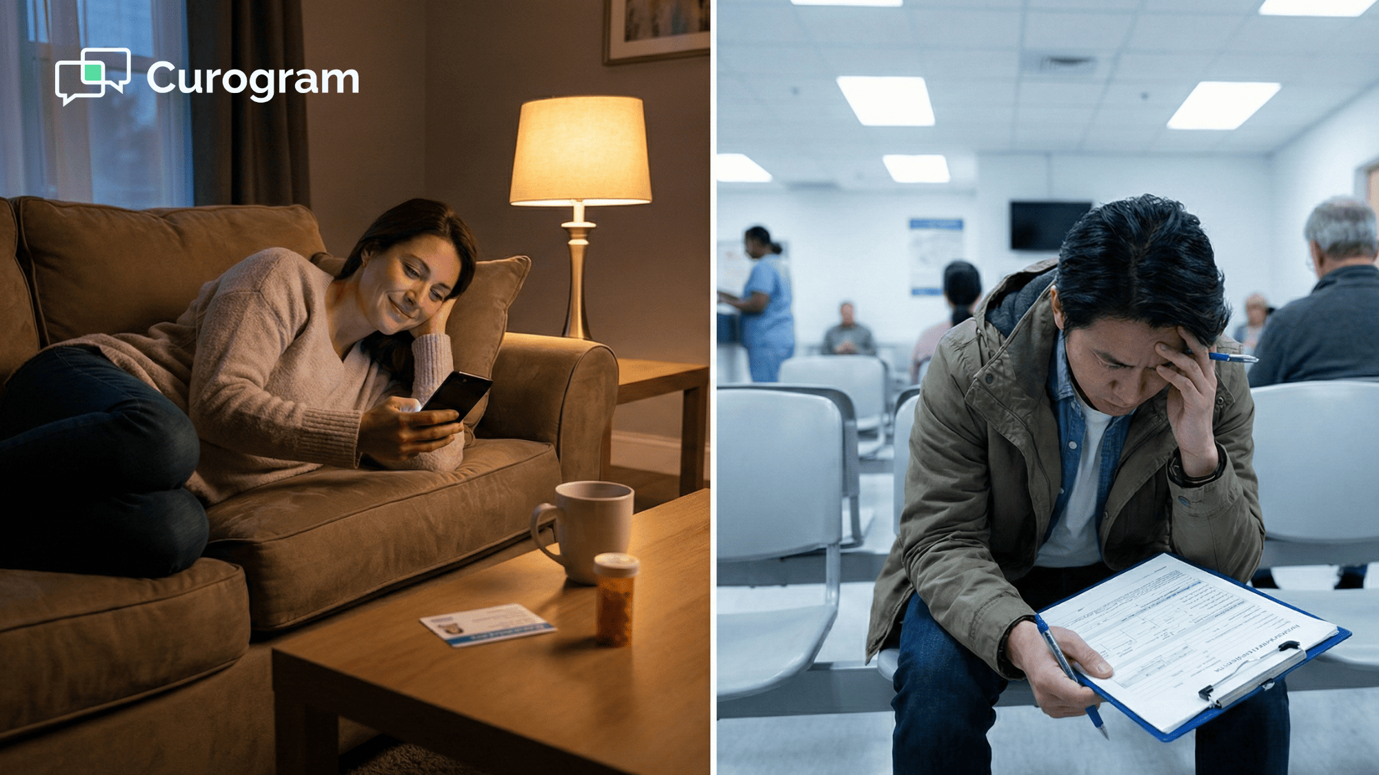 Side-by-side comparison of mobile patient registration at home versus paper intake at a medical office