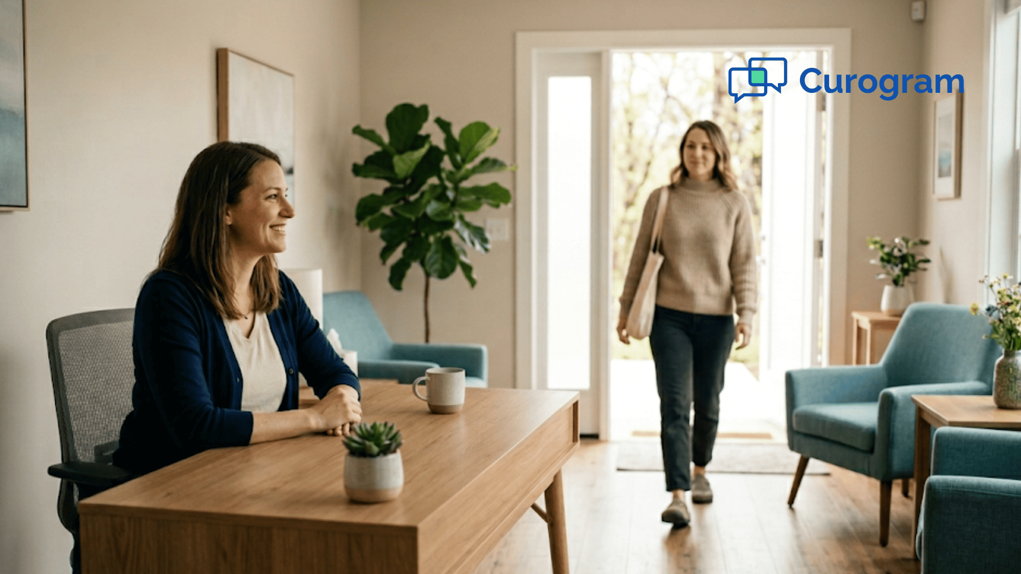 Calm behavioral health practice reception with clutter-free front desk