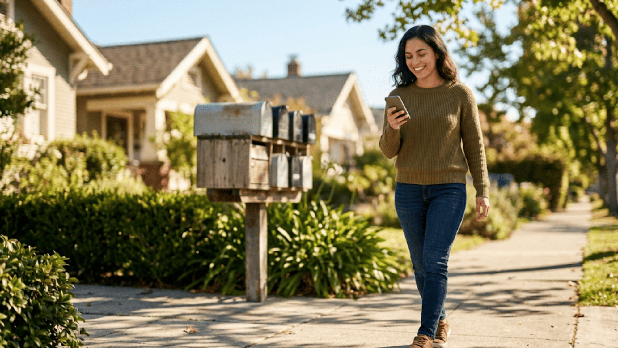 Client payment experience scene showing out-of-focus mailboxes behind a person holding a phone for mobile text billing