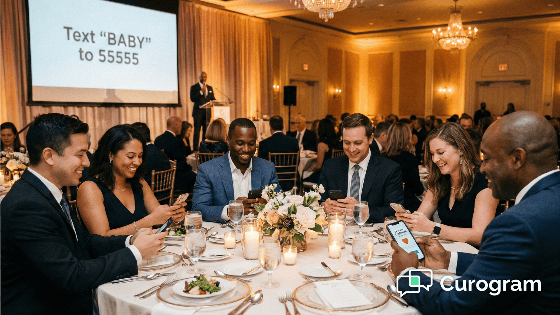 Gala donors texting donations from their phones during a pregnancy center fundraiser