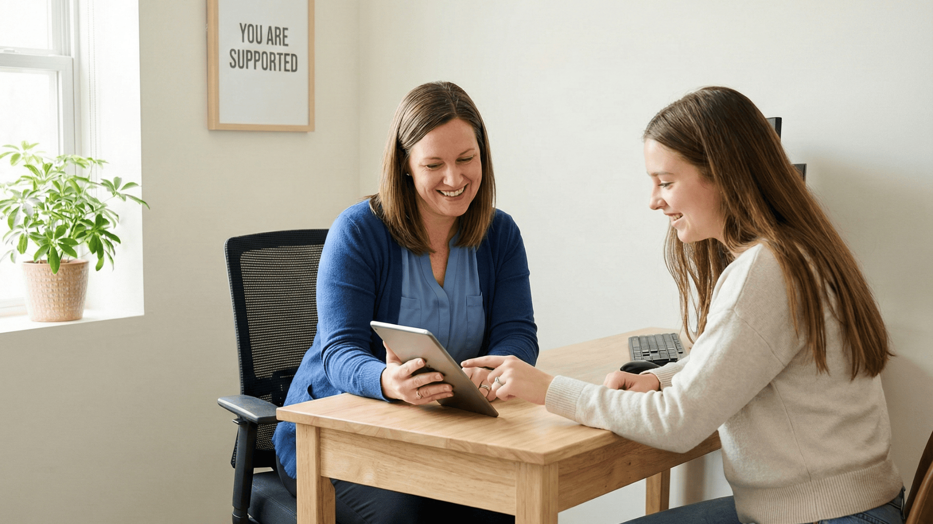 Pregnancy center staff showing a client mobile event registration on a tablet