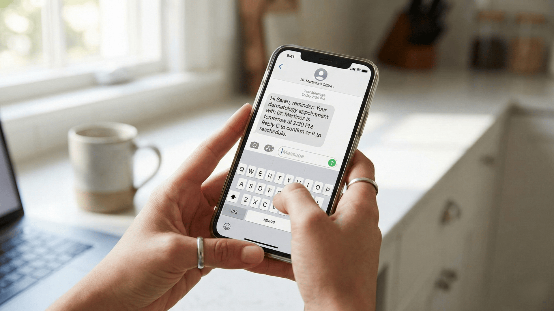 Patient receiving appointment reminder text message on smartphone