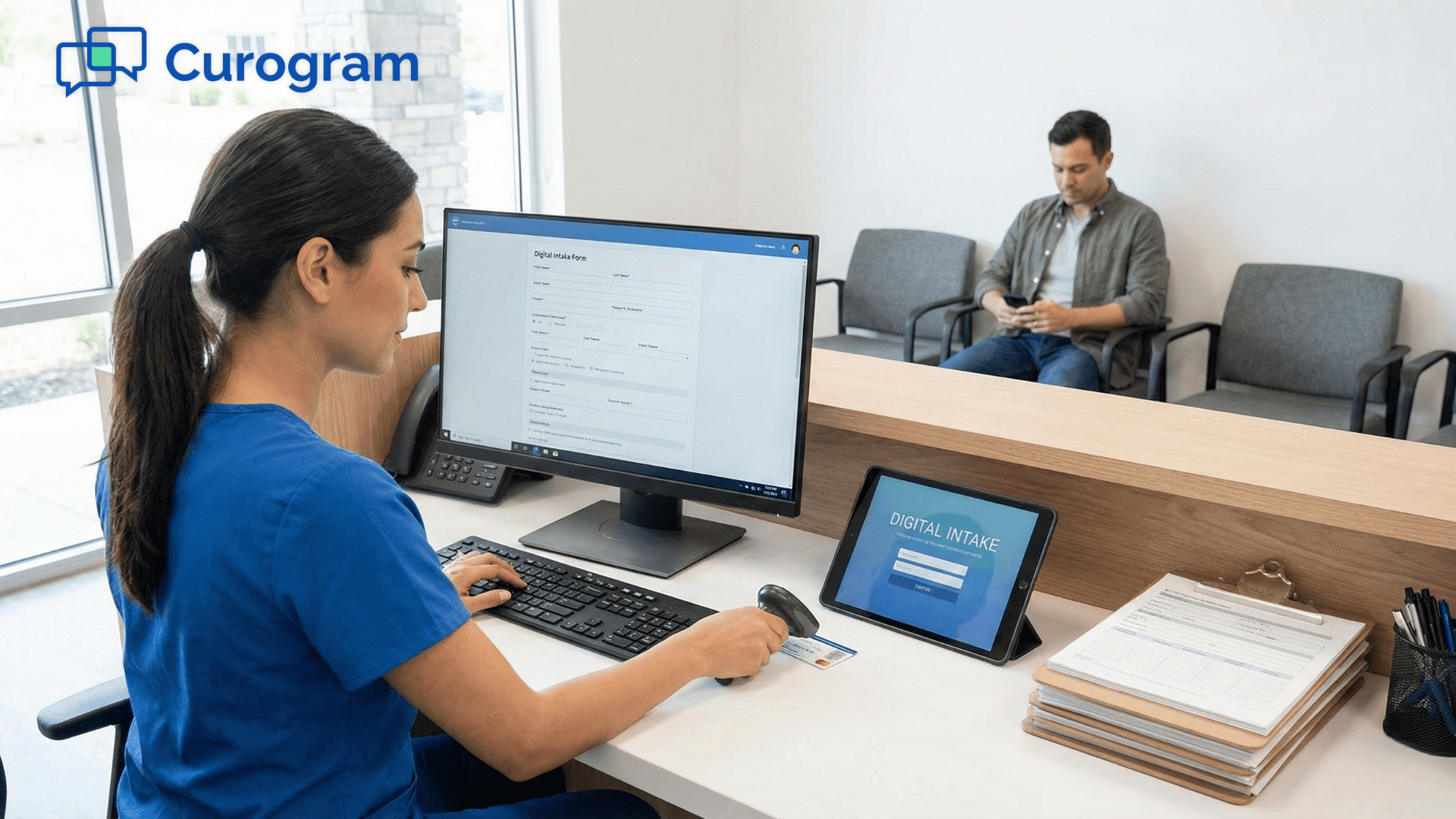 Clinic front desk scanning insurance card for digital intake