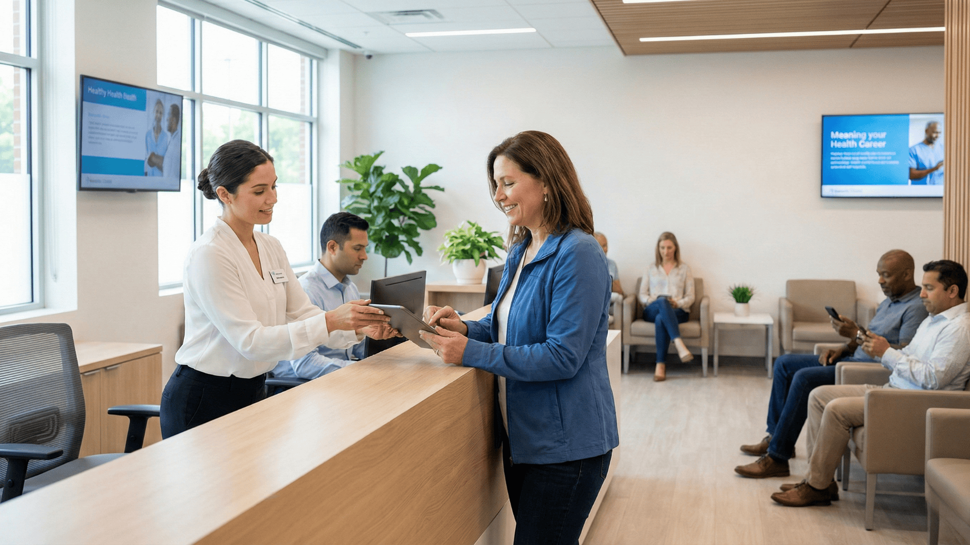 Patient completing digital check-in on phone at clinic reception