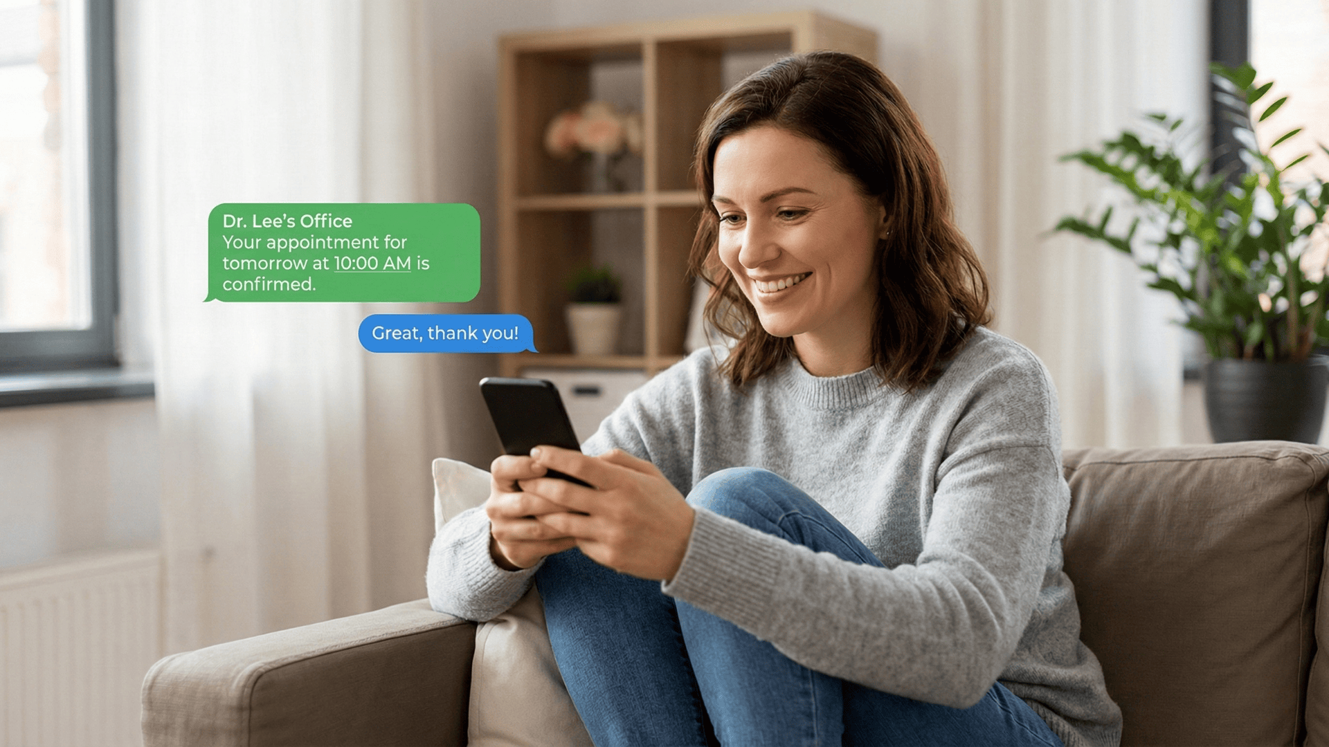 Patient confirming medical appointment via text message on smartphone at home