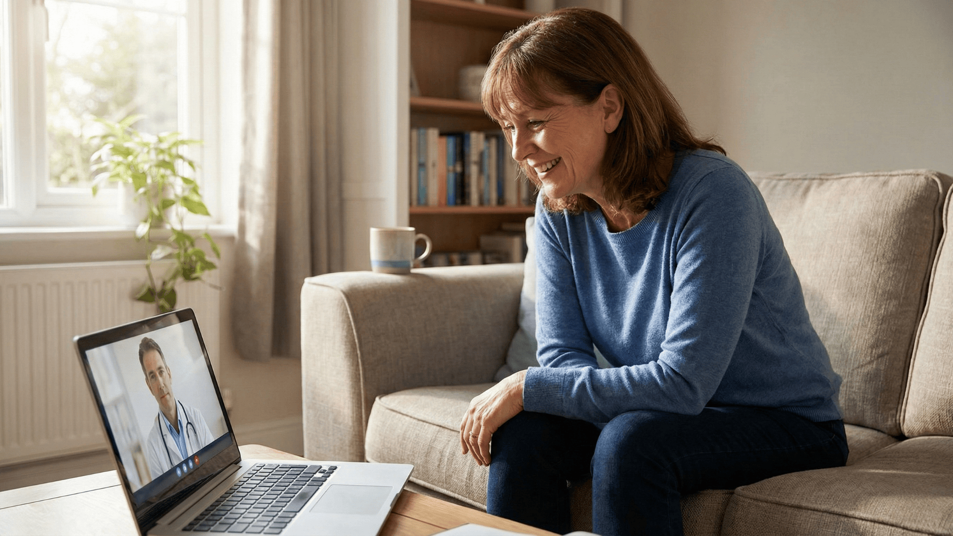 Patient at home connecting with doctor via virtual visit on laptop in comfortable setting