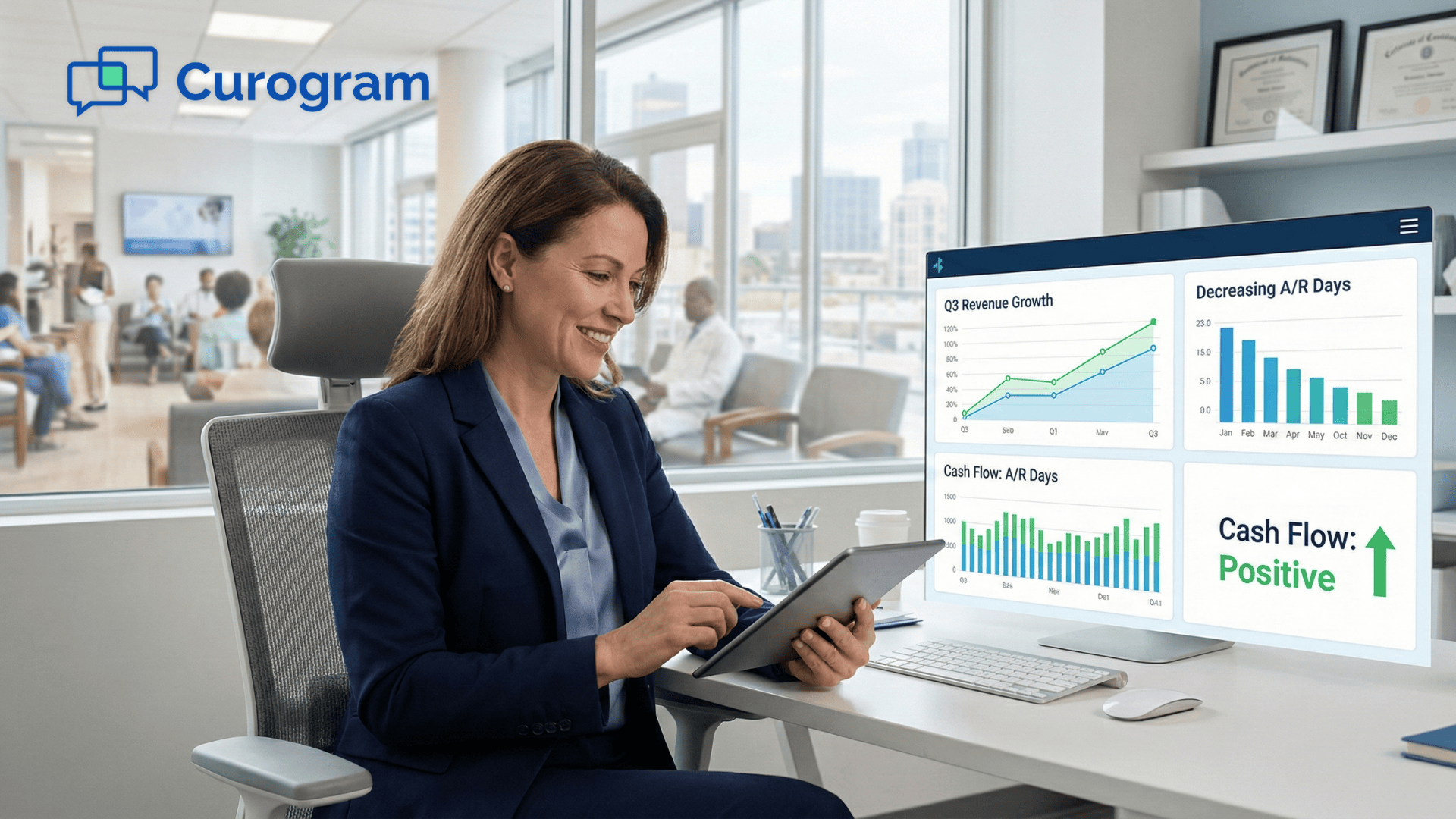 Medical practice manager reviewing positive cash flow metrics on financial dashboard