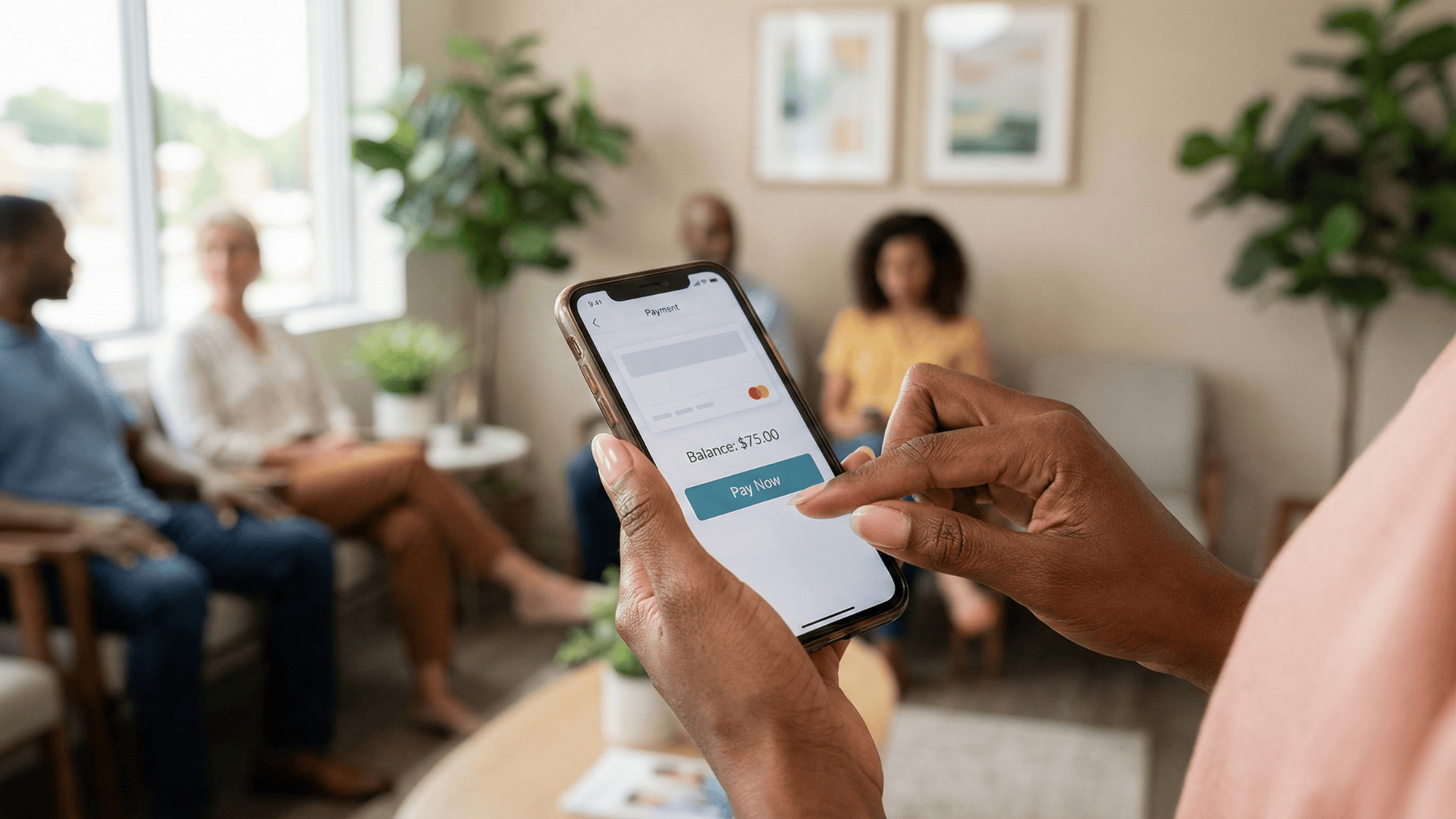 Patient paying medical bill via smartphone text message in clinic waiting room