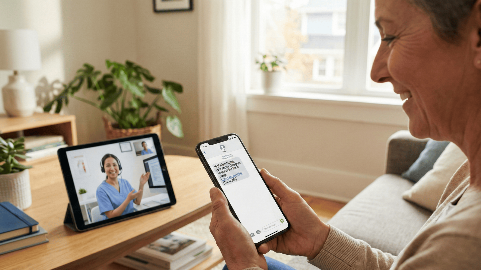 Patient clicks text link to join a telemedicine visit with medical assistant support