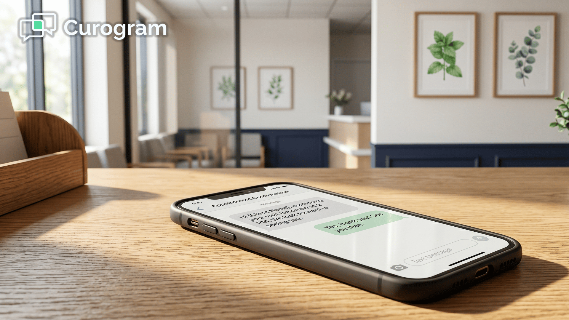 Smartphone on desk showing text message in modern specialty clinic — Modmed patient SMS communication.
