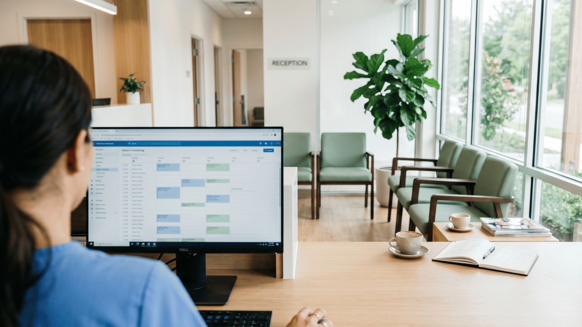Front-desk view of a Modmed specialty practice managing patient review requests on a clean monitor.