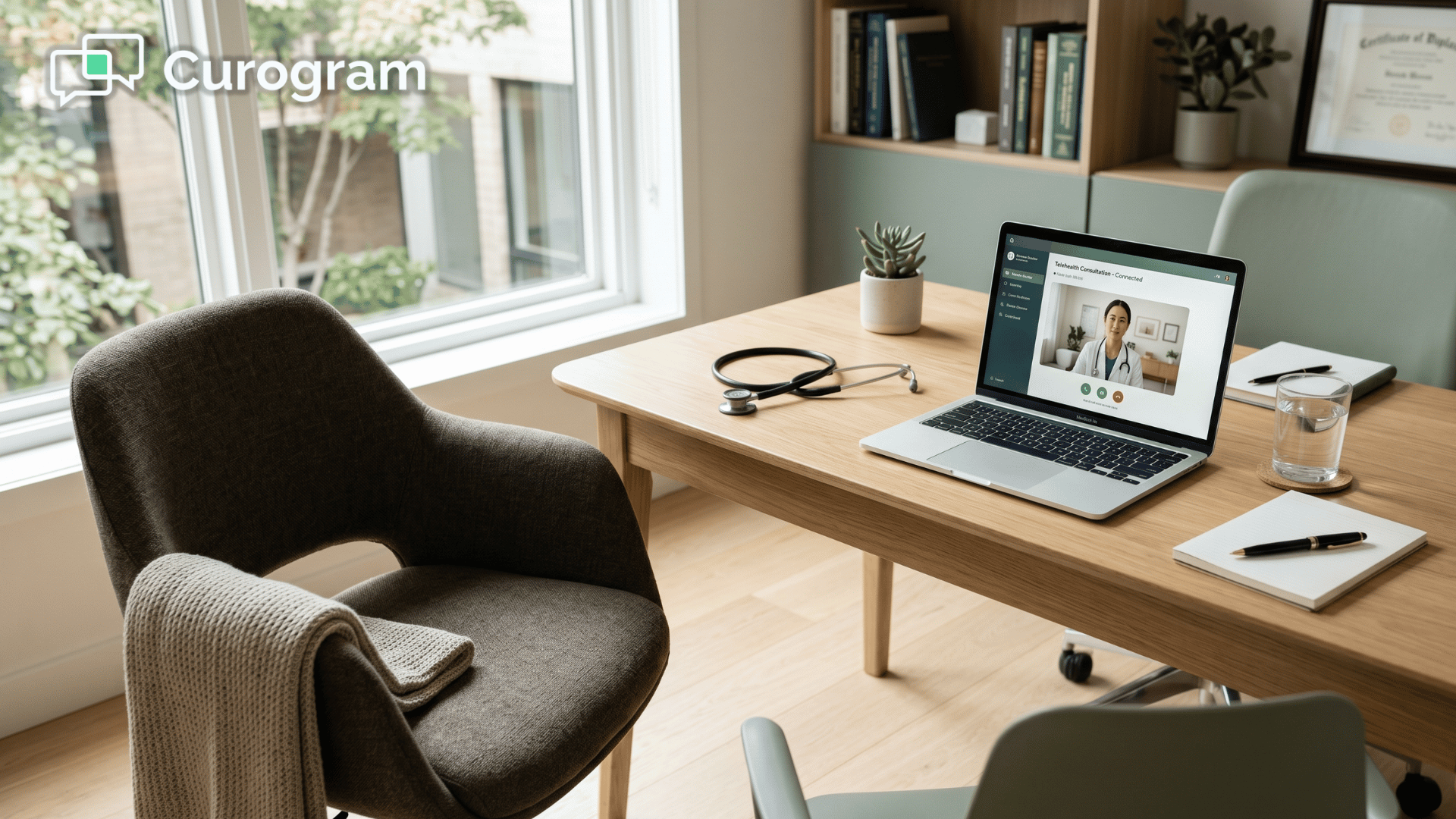 Modern doctor's office with empty patient chair and active video visit on laptop screen.