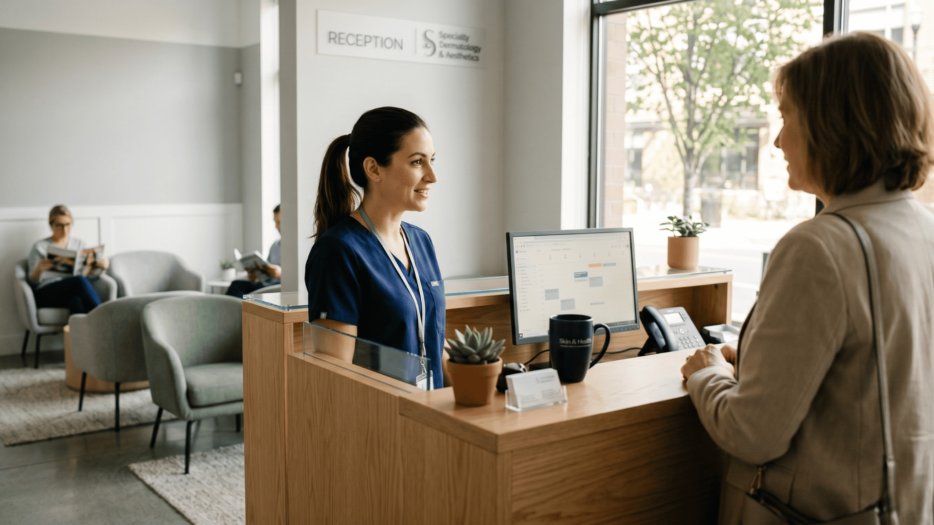 Calm specialty clinic front desk with receptionist assisting a patient in a relaxed setting.
