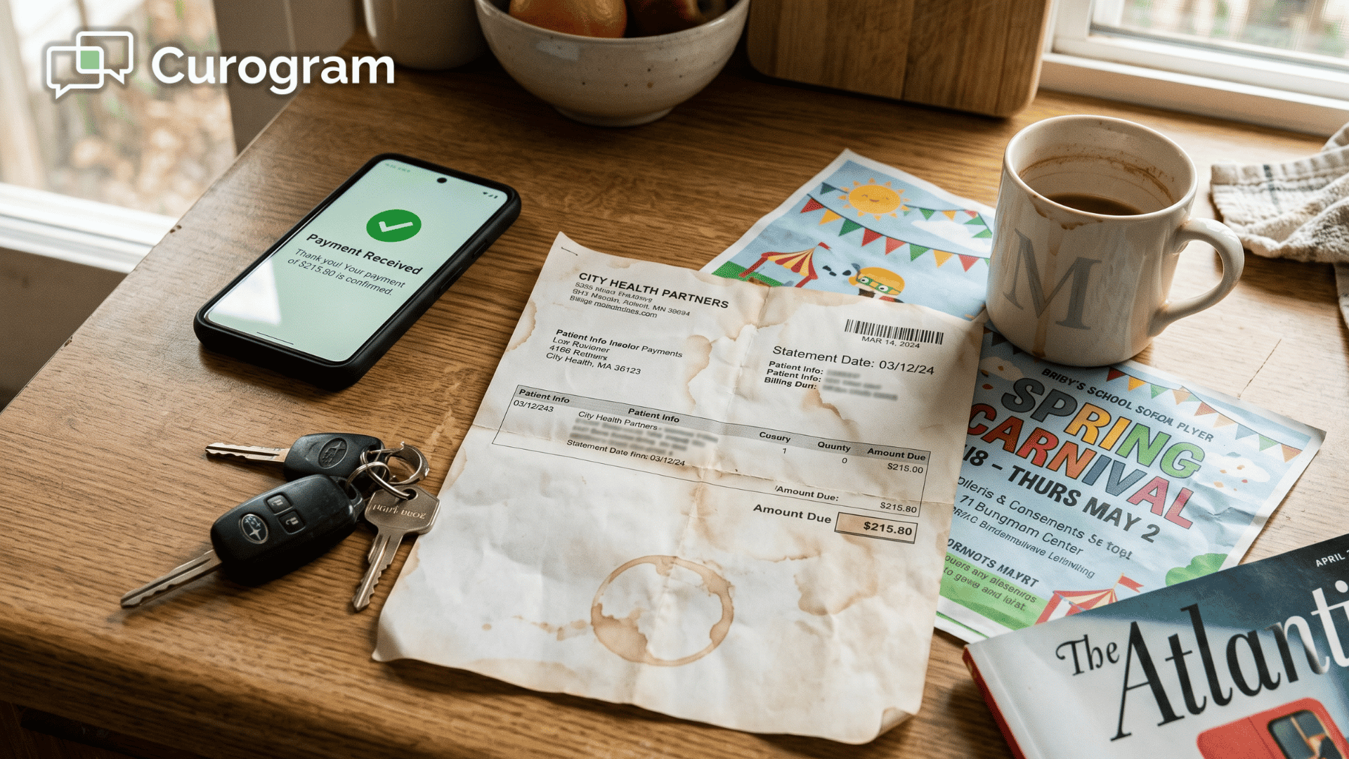 Paper medical statement buried on a kitchen counter beside a phone showing a text payment confirmation