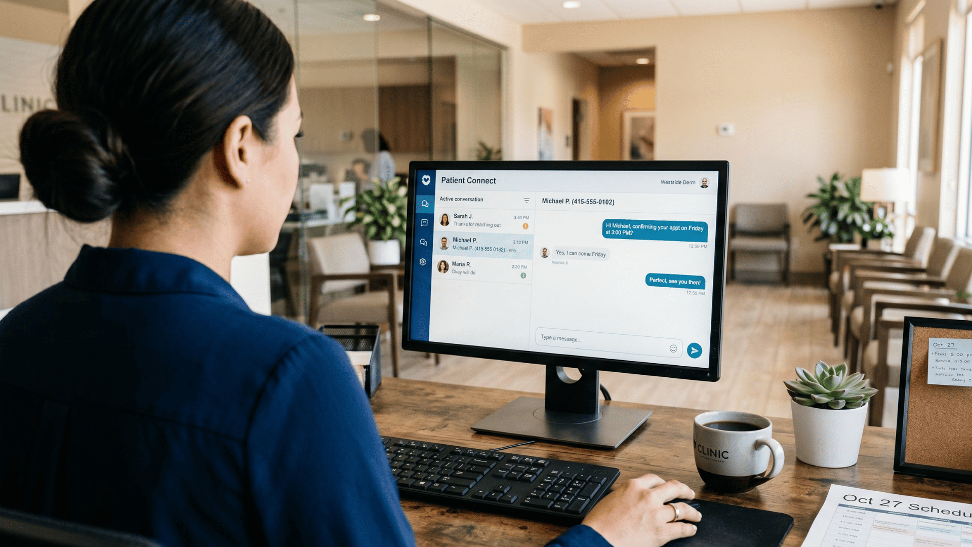 Front-desk staff reviewing two-way patient recall text replies on a Curogram messaging dashboard.