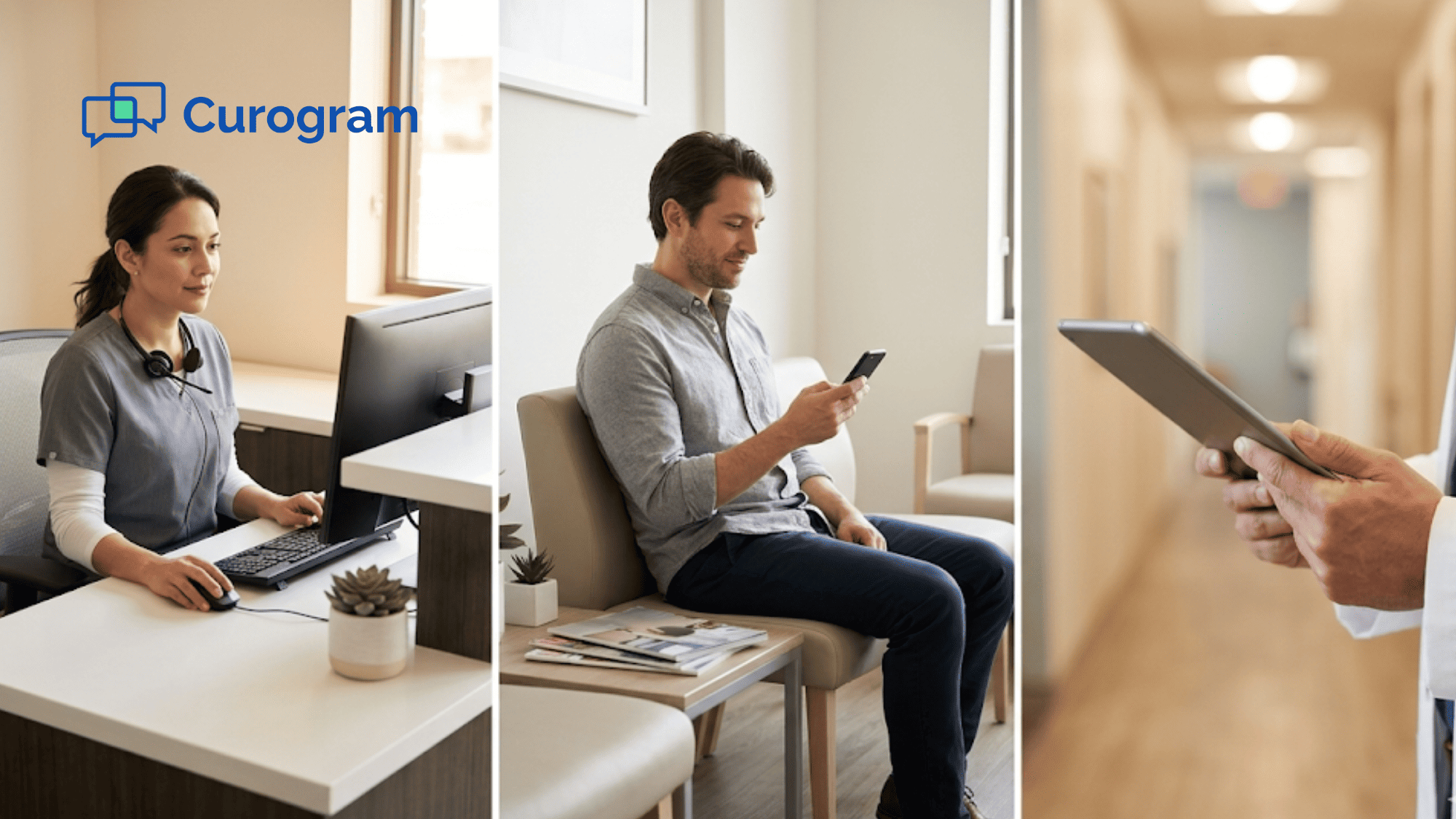 Medical receptionist, patient on phone, and provider with tablet showing connected multi-channel patient communication in a modern clinic