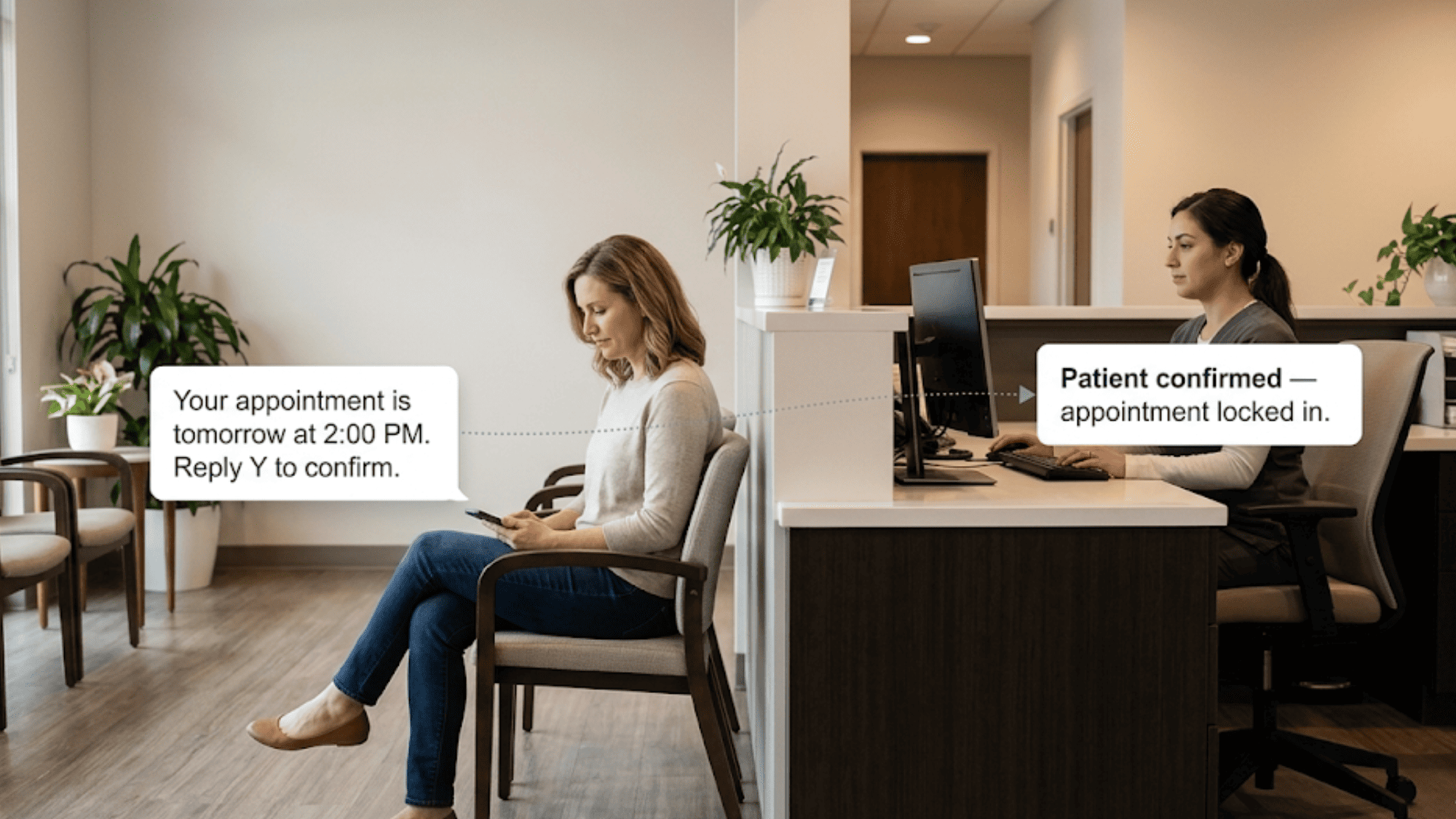 Patient in clinic waiting room receiving a text appointment reminder on her phone while front desk staff sees the confirmation update on screen