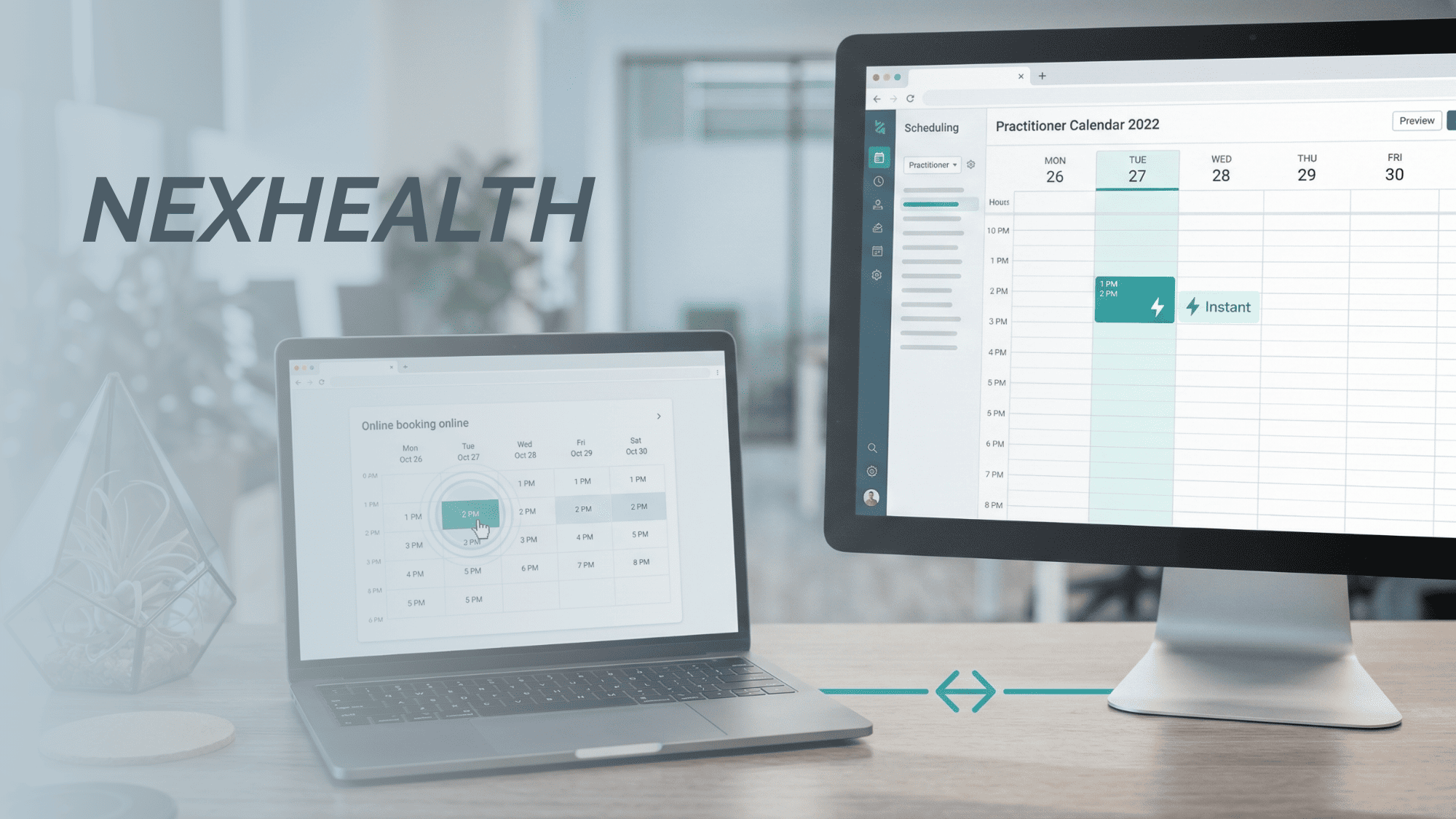 Two screens showing real-time sync between patient online booking and practice scheduling system