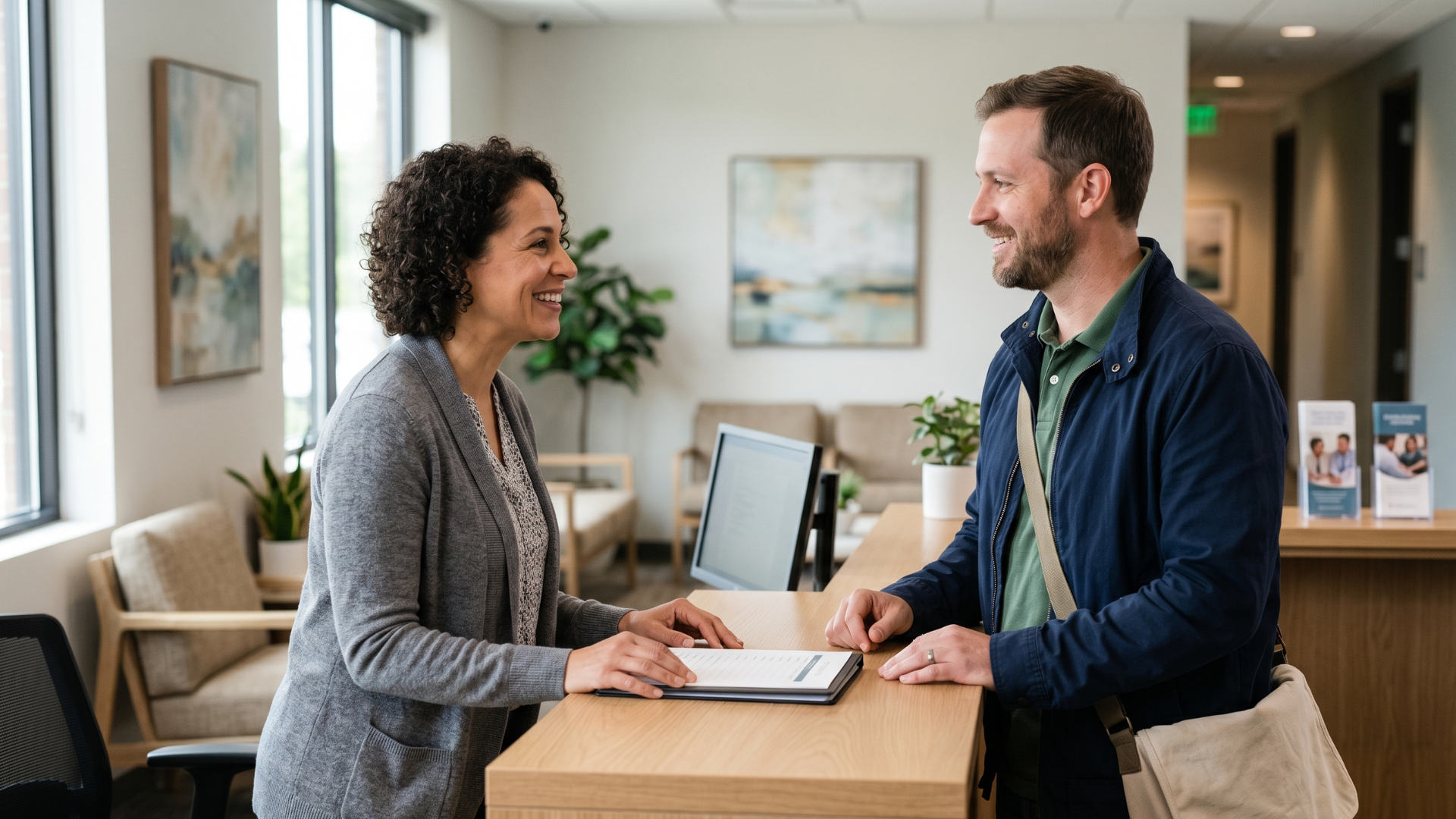 Receptionist greeting a returning client at a modern behavioral health clinic front desk