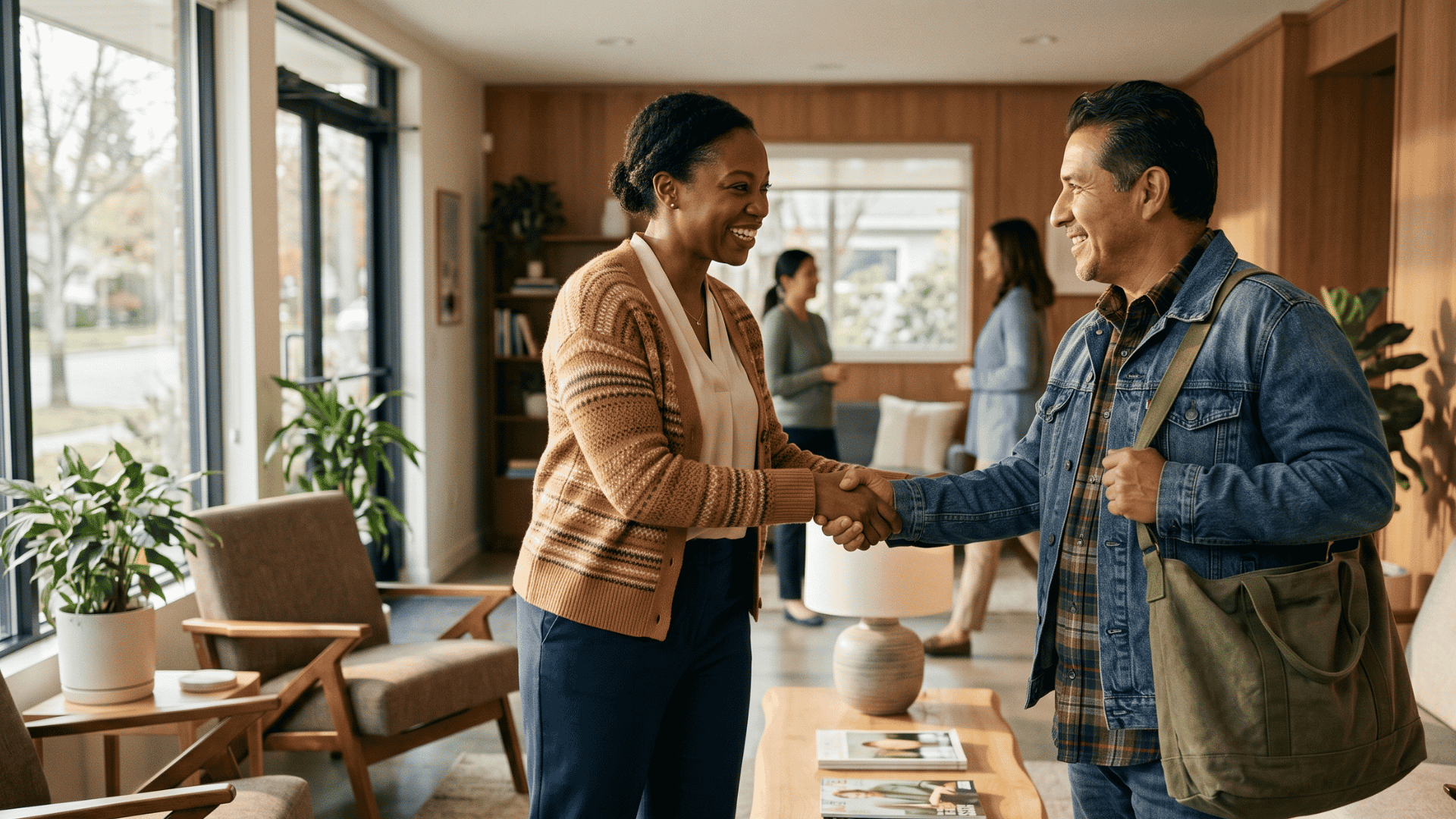 Care team member warmly greeting a behavioral health client on arrival