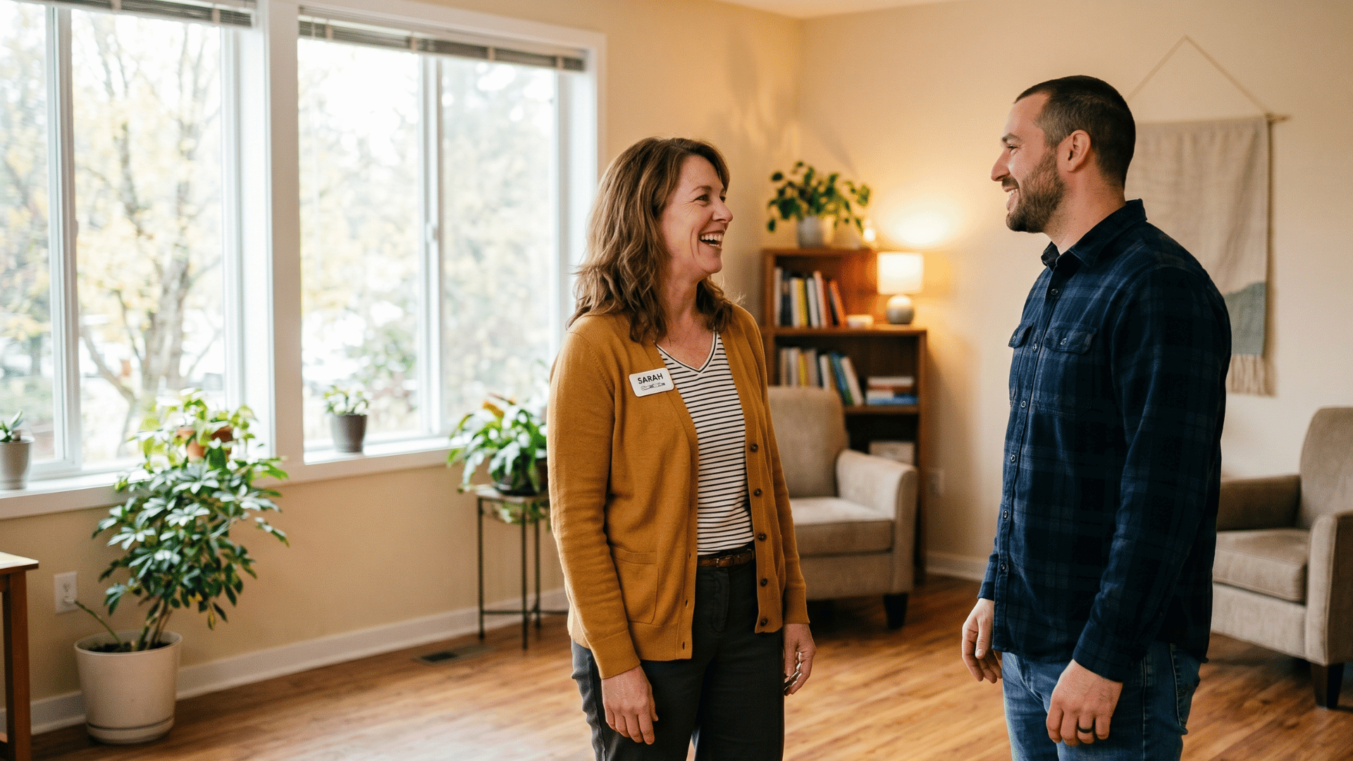 Clinician warmly welcoming a returning behavioral health patient back to care