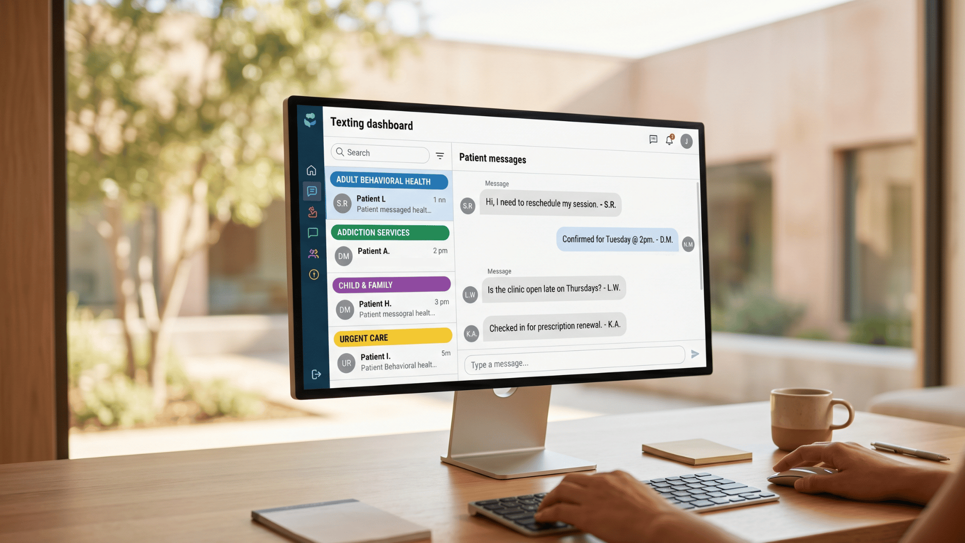 Organized texting dashboard sorting patient messages by team in a behavioral health practice