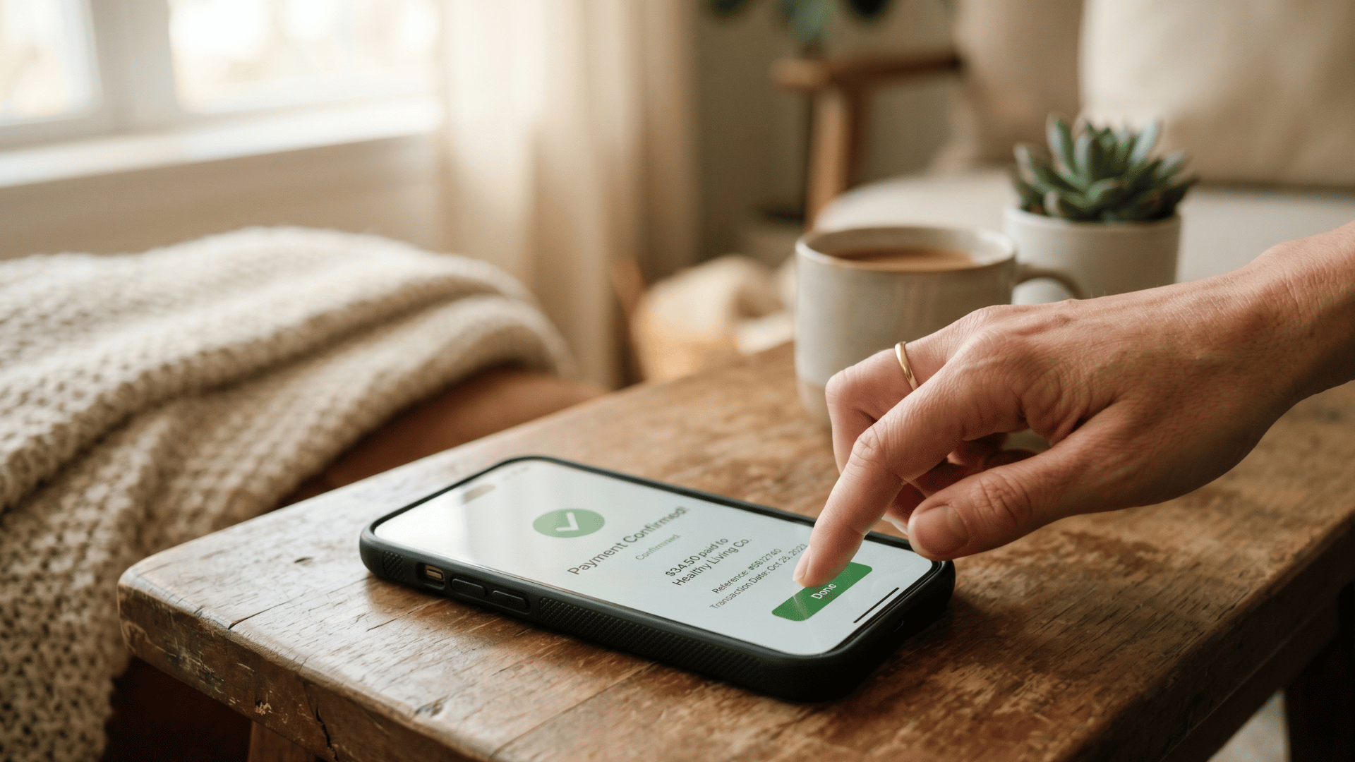 Hand tapping a phone to complete a secure payment confirmation