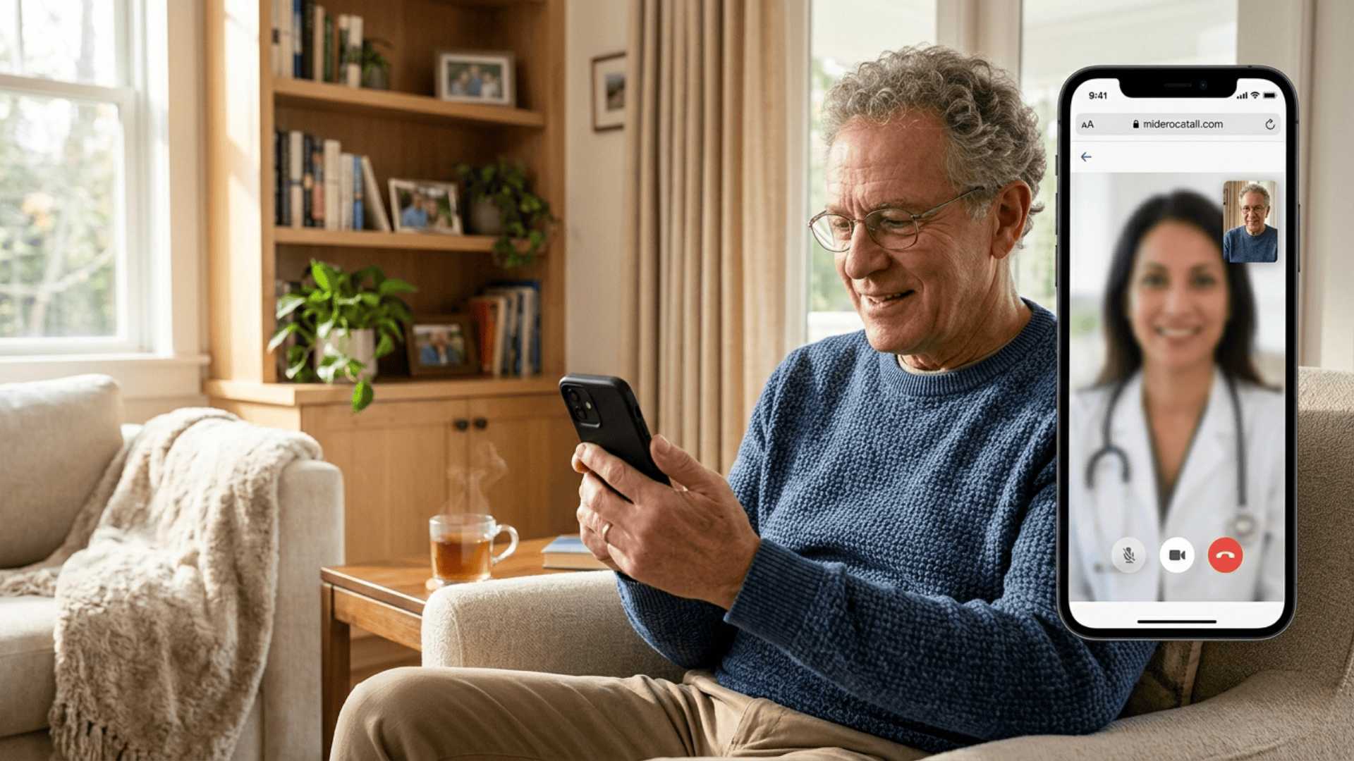 Older patient joining a telehealth video visit on a smartphone with no app require