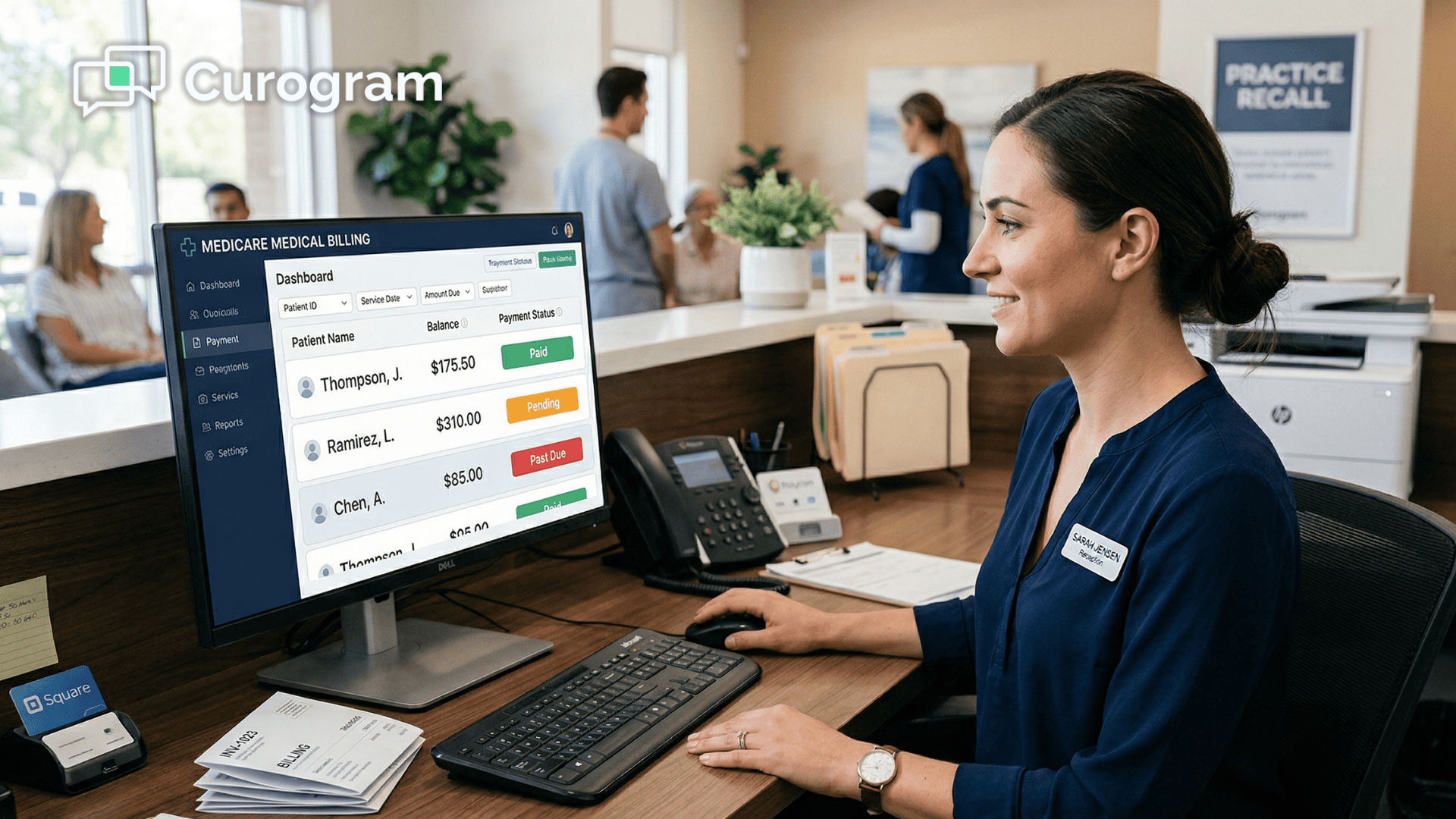 Front desk staff reviewing patient billing dashboard on a NextGen text-to-pay platform