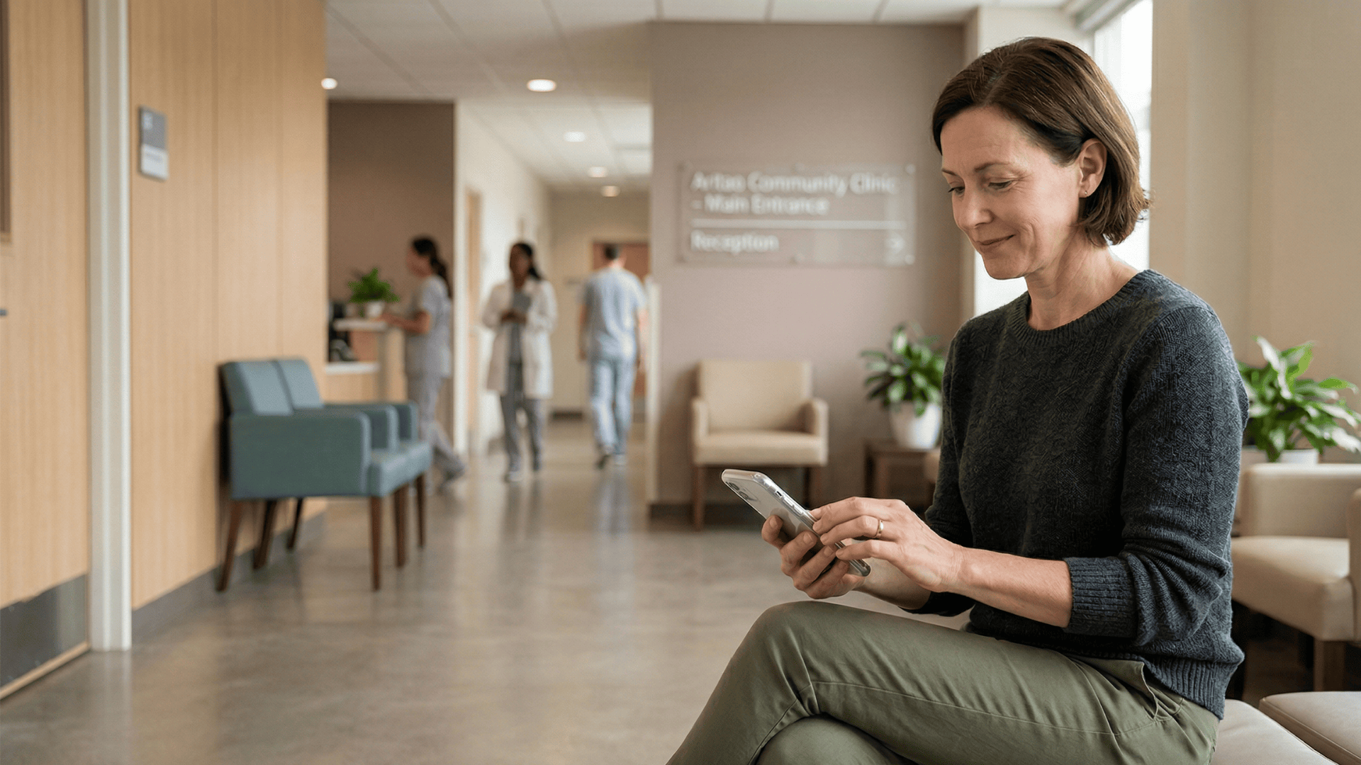 Patient viewing SMS payment confirmation on phone after a medical office visit